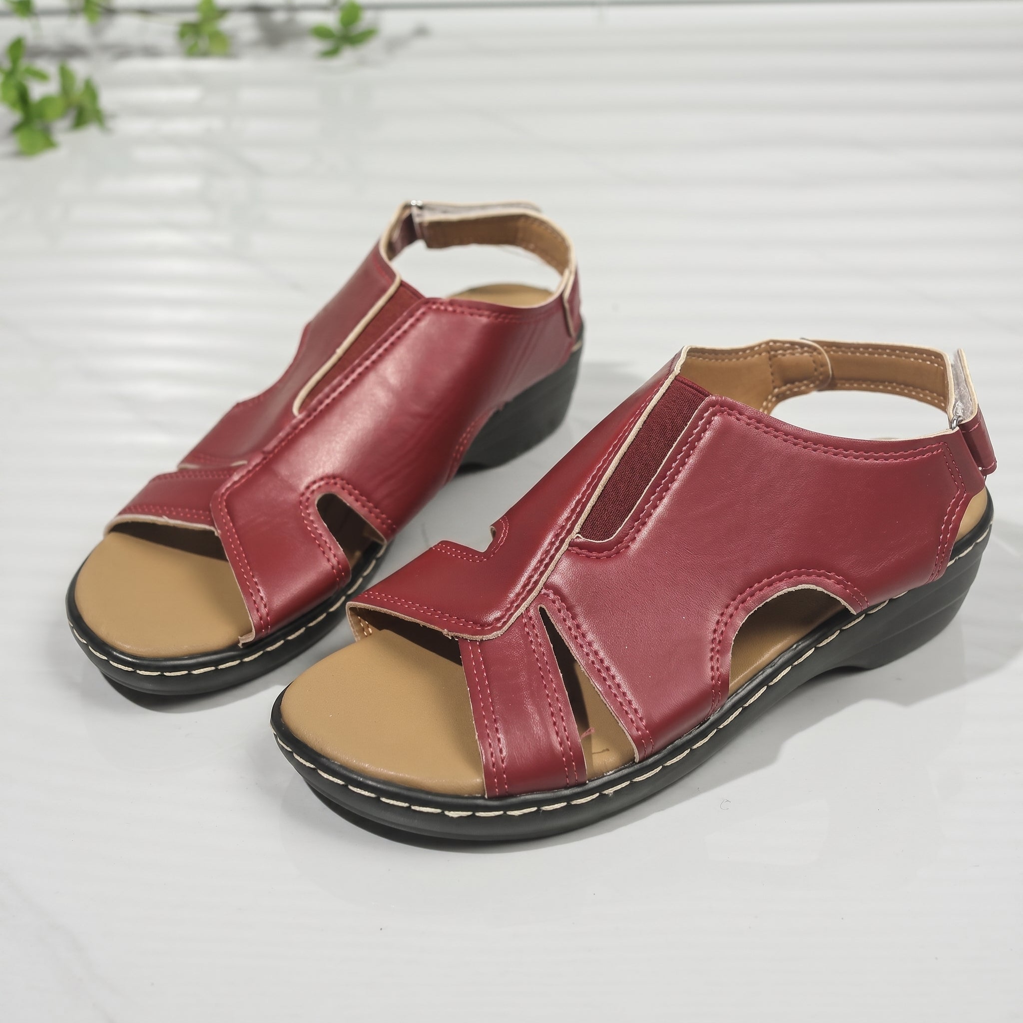 Louise - Women's Orthopedic Cut-Out Wedge Sandals - Sandals - Red - Parker&Brooks