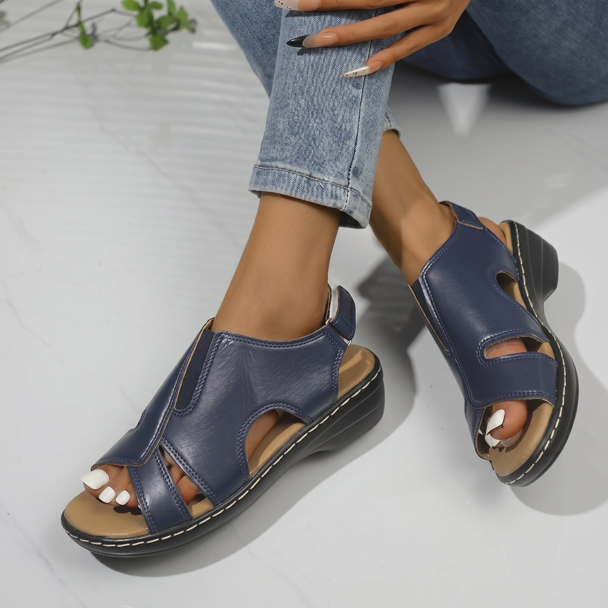 Louise - Women's Orthopedic Cut-Out Wedge Sandals - Sandals - Navy - Parker&Brooks