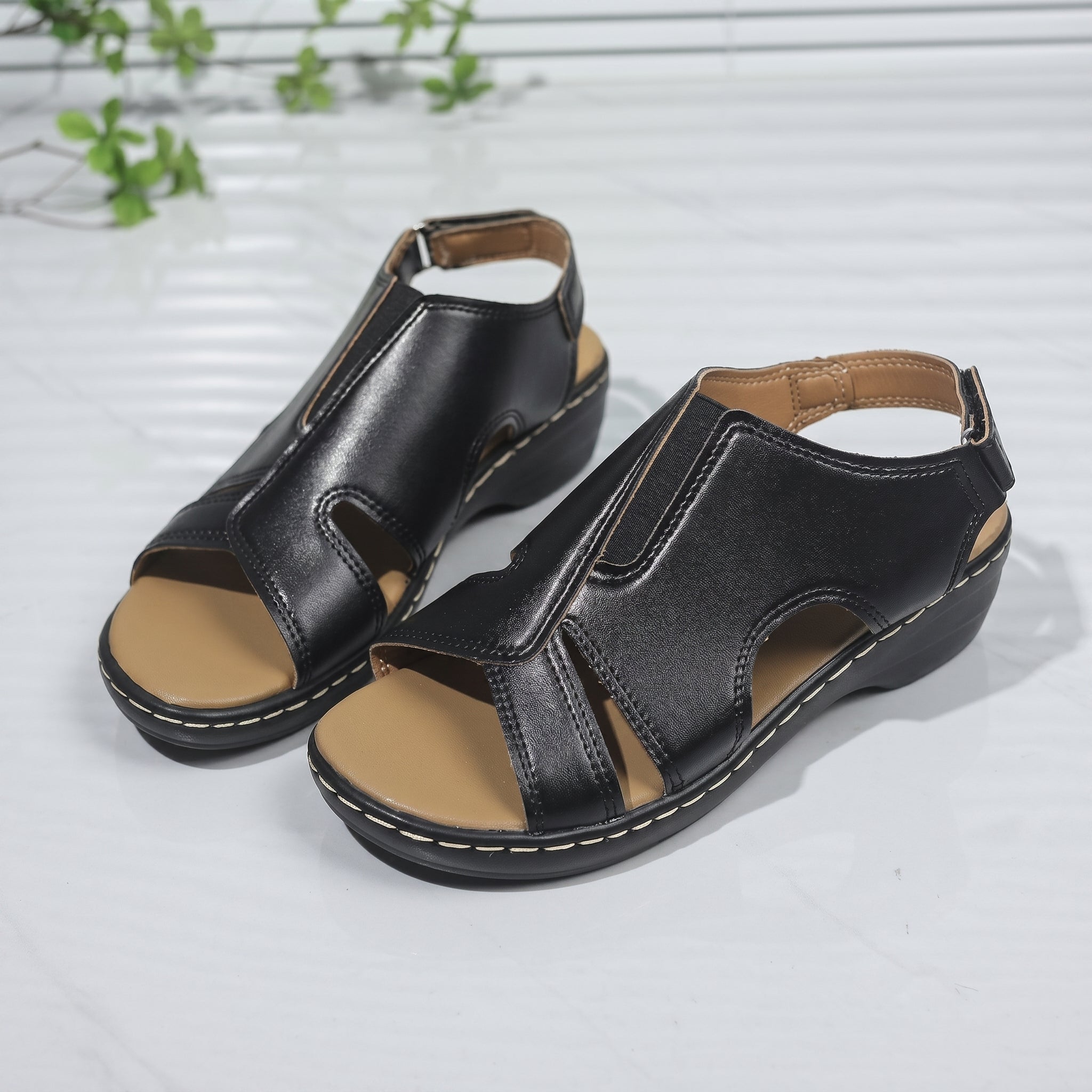 Louise - Women's Orthopedic Cut-Out Wedge Sandals - Sandals - Black - Parker&Brooks