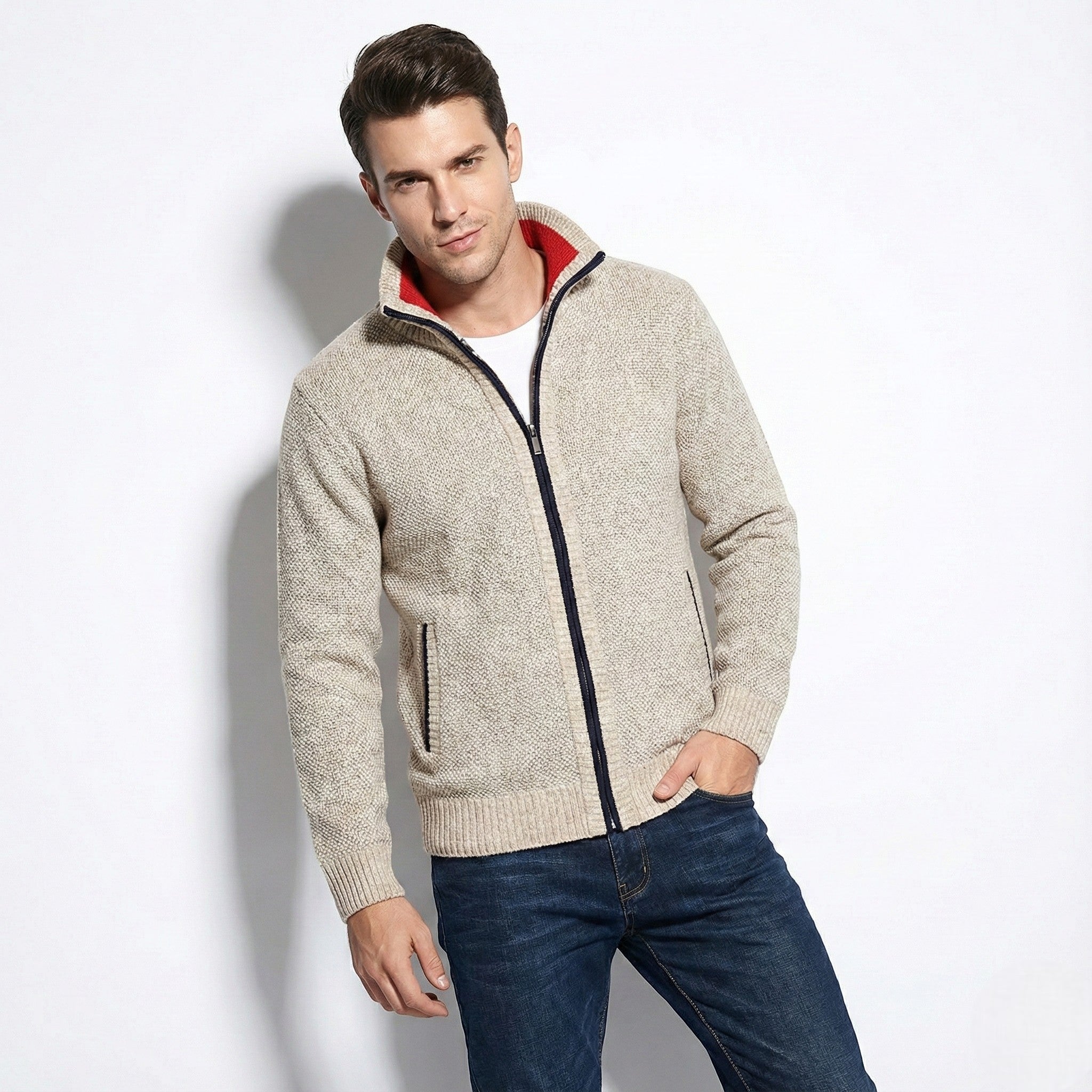 Men’s Wool Jacket with Zipper and Stand Collar