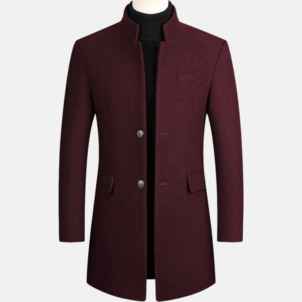 Men's Slim-Fit Overcoat with Stand Collar and Single Breasted Closure