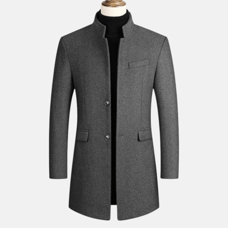 Men's Slim-Fit Overcoat with Stand Collar and Single Breasted Closure