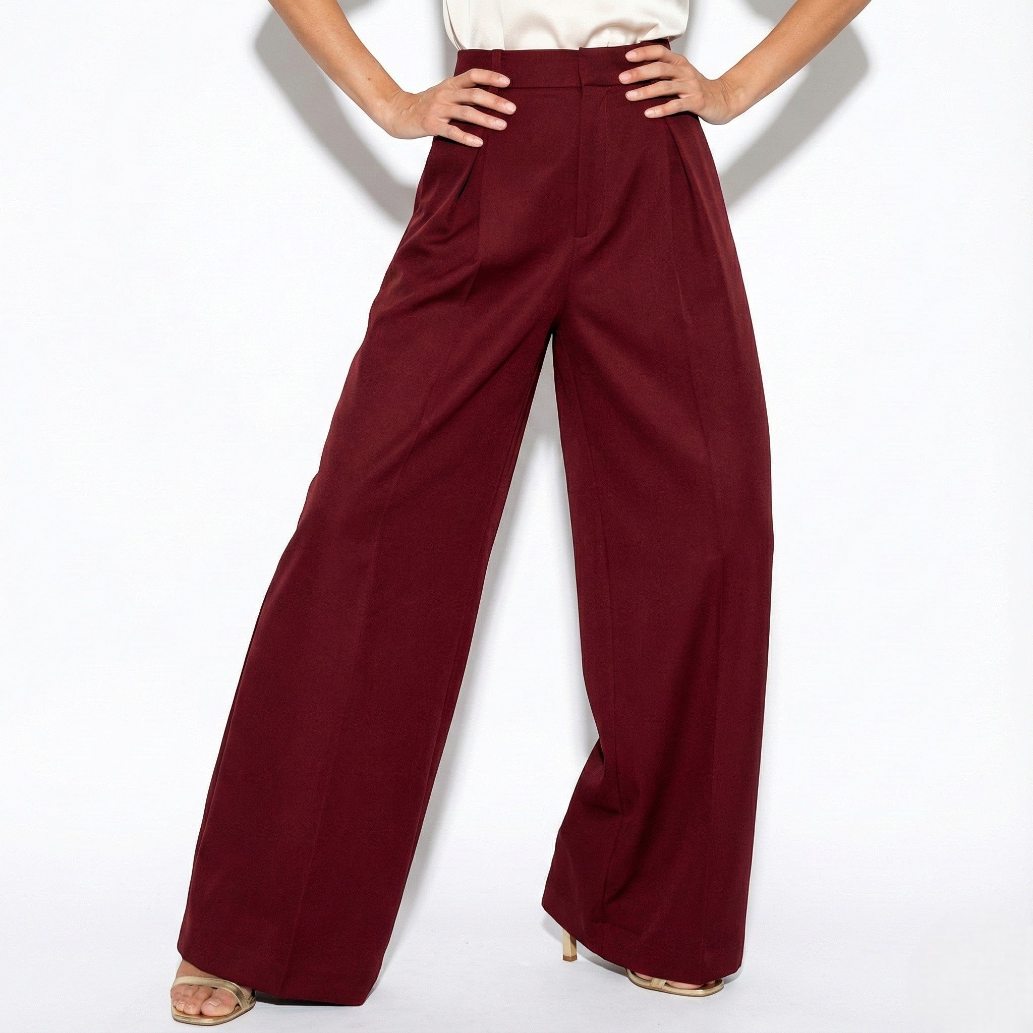 Maisie - Women's Classic Tailored High - Waist Wide - Leg Trousers - Pants - Burgundy - Parker&Brooks