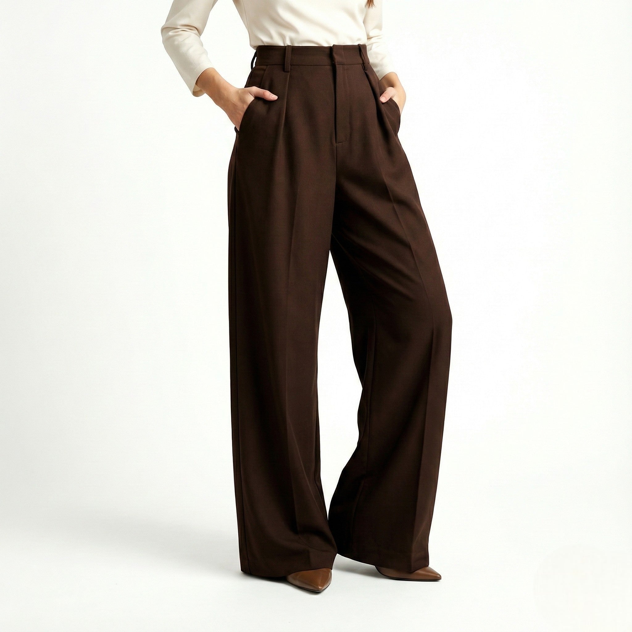 Maisie - Women's Classic Tailored High - Waist Wide - Leg Trousers - Pants - Coffee - Parker&Brooks