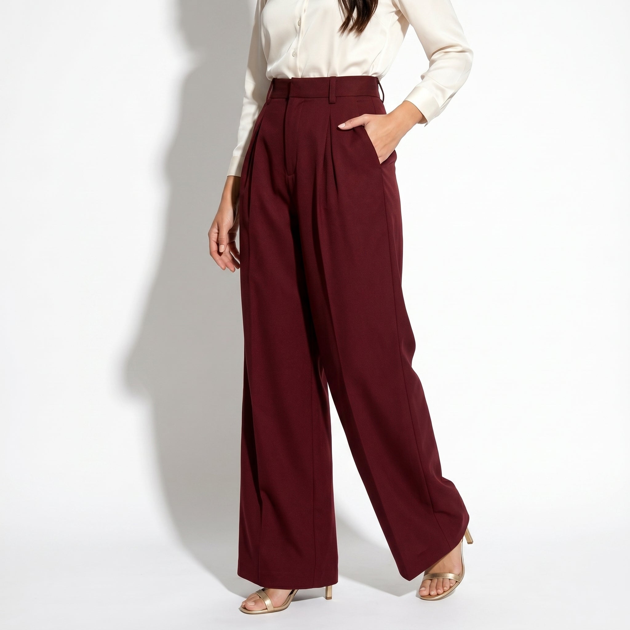Maisie - Women's Classic Tailored High - Waist Wide - Leg Trousers - Pants - Burgundy - Parker&Brooks