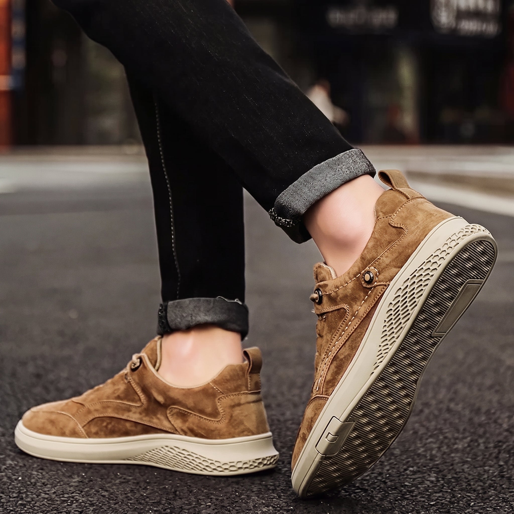 Marcus - Men's Low-Top Suede-Look Sneakers with Lace-Up Detail - Sneakers - Khaki - Parker&Brooks