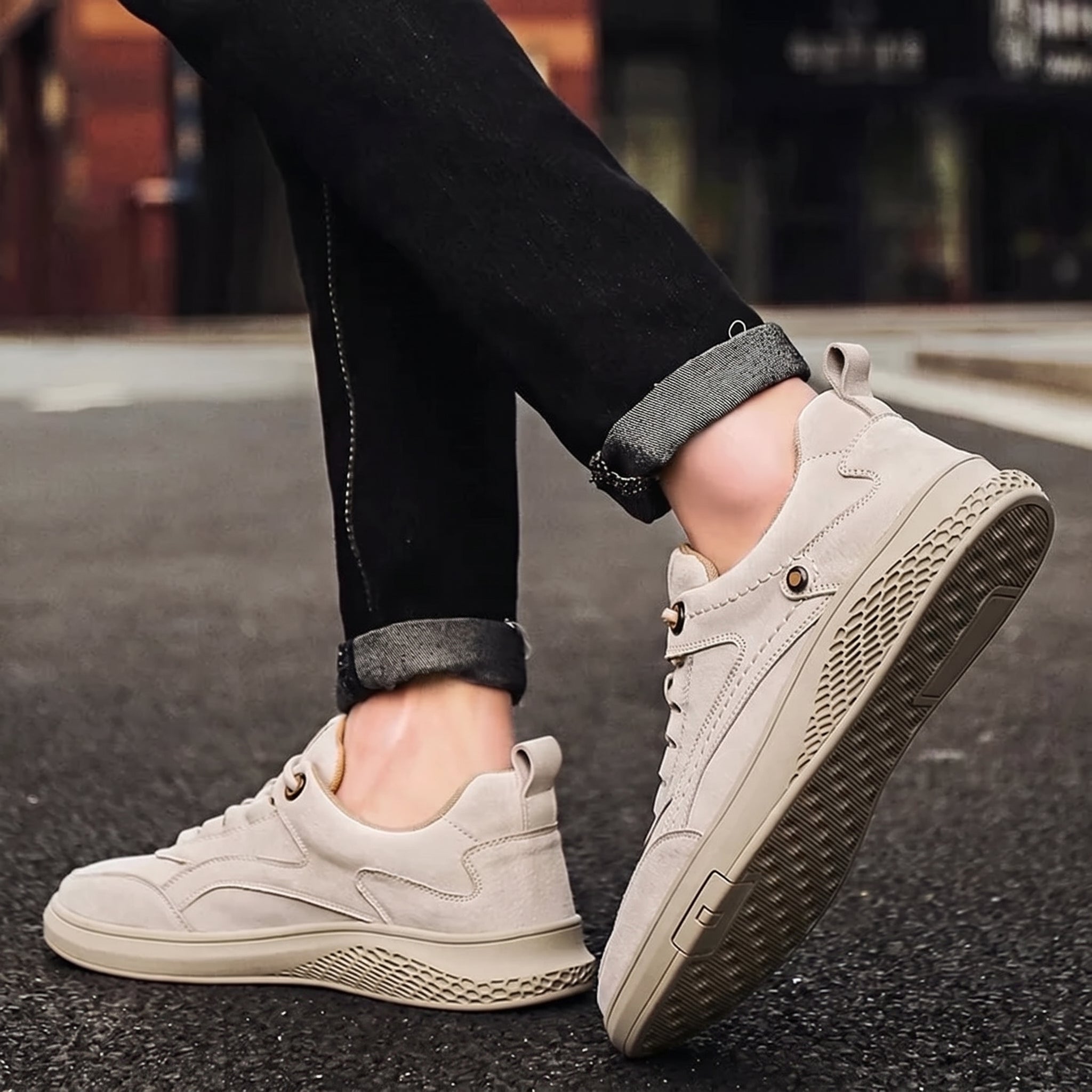 Marcus - Men's Low-Top Suede-Look Sneakers with Lace-Up Detail - Sneakers - Beige - Parker&Brooks