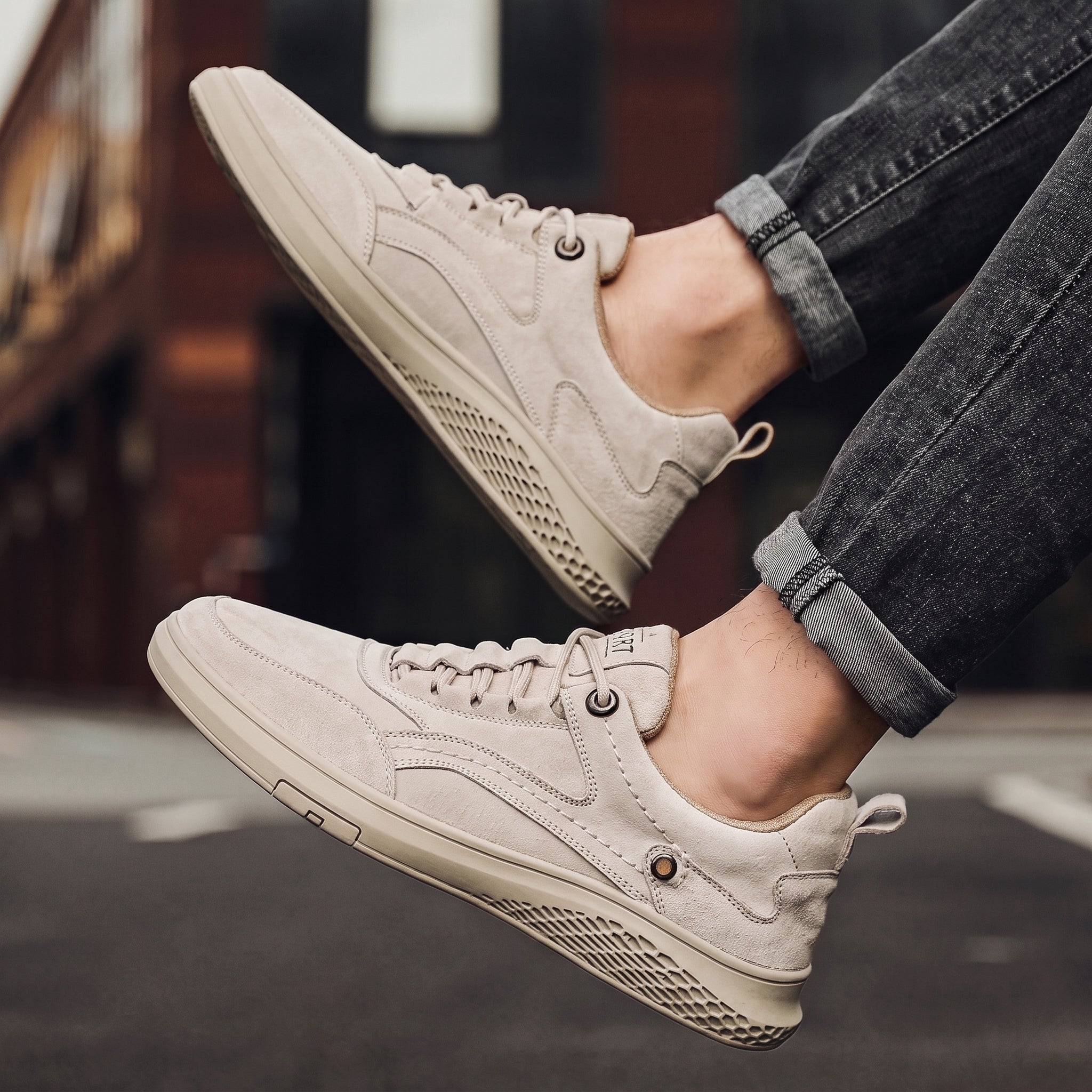 Marcus - Men's Low-Top Suede-Look Sneakers with Lace-Up Detail - Sneakers - Beige - Parker&Brooks