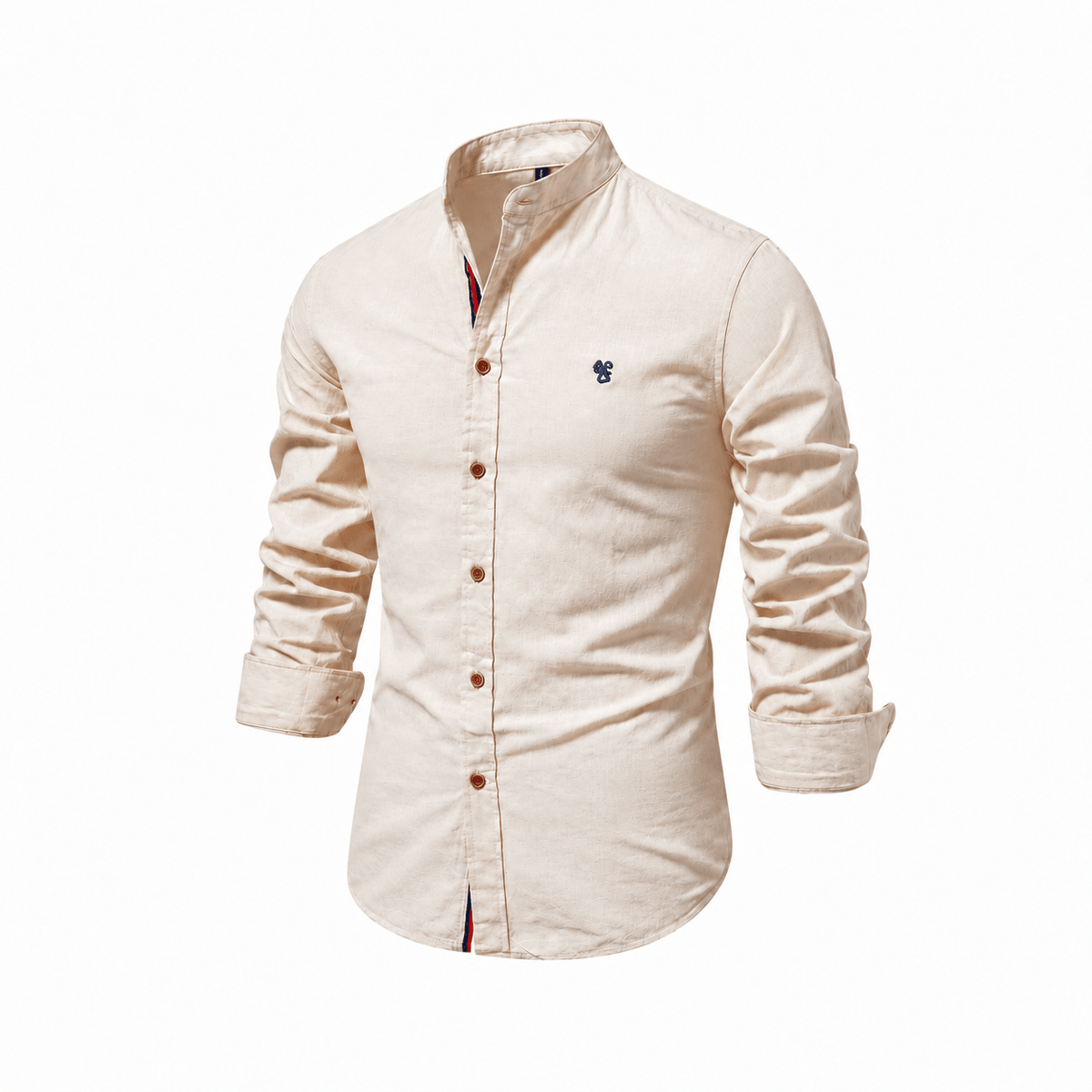 Marcus - Men's Mandarin Collar Button-Down Shirt with Contrast Trim - Beige - Parker&Brooks
