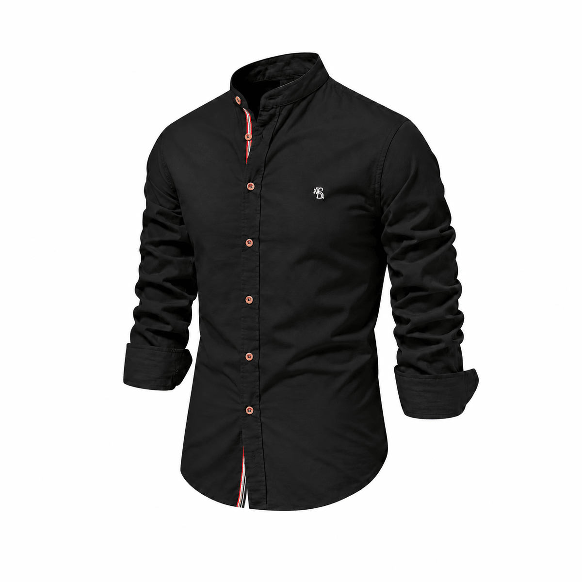 Marcus - Men's Mandarin Collar Button-Down Shirt with Contrast Trim - Black - Parker&Brooks