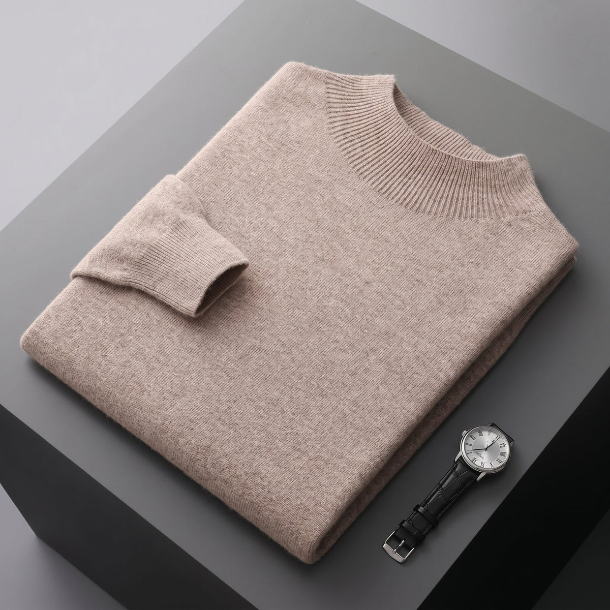 Marcus - Men's Mock Neck Wool Sweater with Ribbed Cuffs - Sweaters - Camel - Parker&Brooks