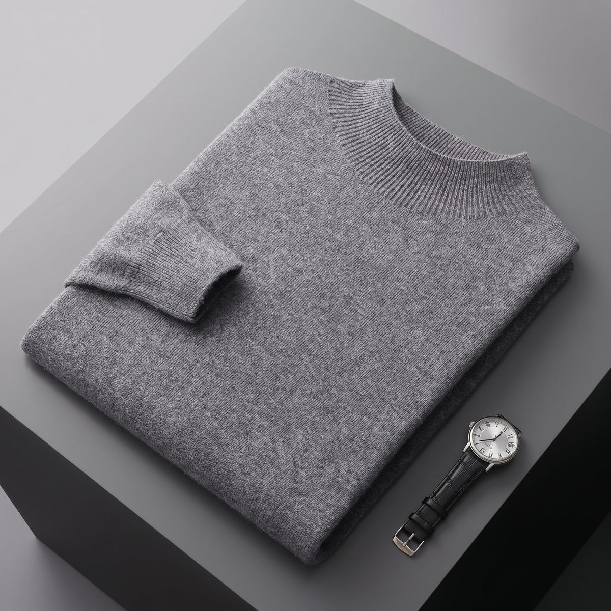 Marcus - Men's Mock Neck Wool Sweater with Ribbed Cuffs - Sweaters - Dark Gray - Parker&Brooks