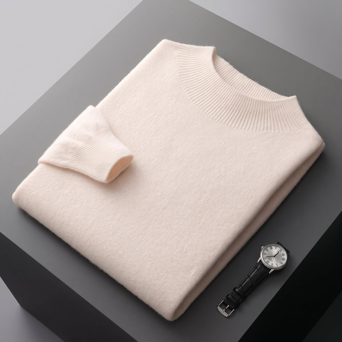 Marcus - Men's Mock Neck Wool Sweater with Ribbed Cuffs - Sweaters - Beige - Parker&Brooks