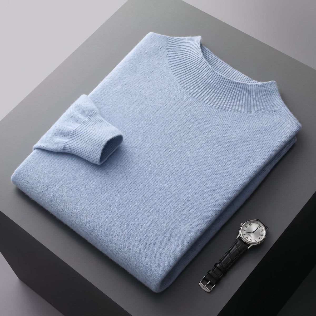 Marcus - Men's Mock Neck Wool Sweater with Ribbed Cuffs - Sweaters - Sky Blue - Parker&Brooks
