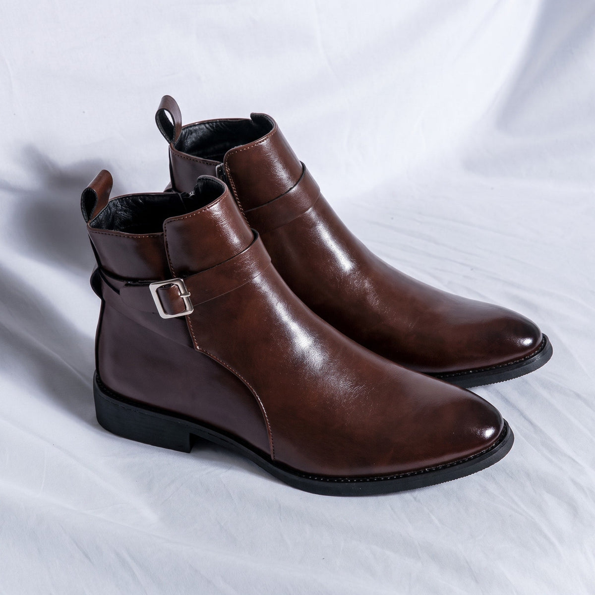 Marcus - Men's Pointed Toe Ankle Boots with Buckle Strap - Boots - Brown - Parker&Brooks