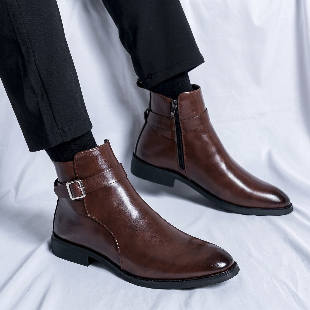 Marcus - Men's Pointed Toe Ankle Boots with Buckle Strap - Boots - Brown - Parker&Brooks