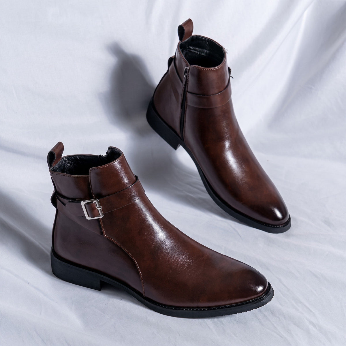 Marcus - Men's Pointed Toe Ankle Boots with Buckle Strap - Boots - Brown - Parker&Brooks