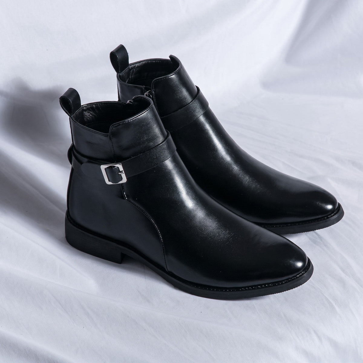Marcus - Men's Pointed Toe Ankle Boots with Buckle Strap - Boots - Black - Parker&Brooks