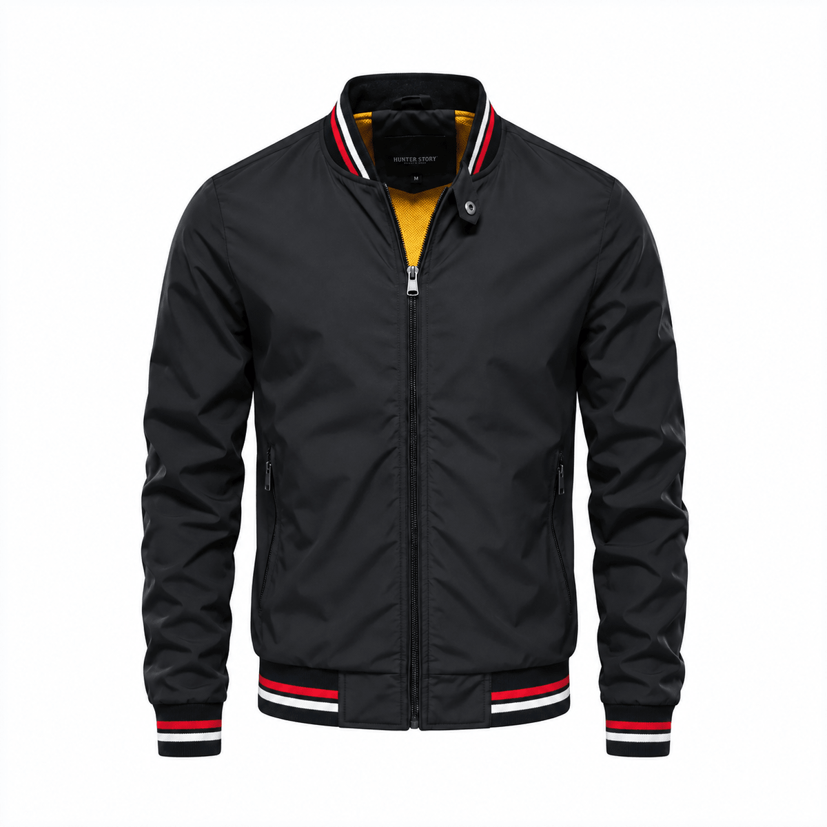 Marcus - Men's Stand Collar Zip-Up Bomber Jacket with Contrast Lining - Bomber Jackets - Black - Parker&Brooks