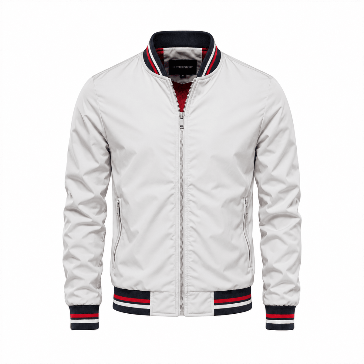 Marcus - Men's Stand Collar Zip-Up Bomber Jacket with Contrast Lining - Bomber Jackets - White - Parker&Brooks