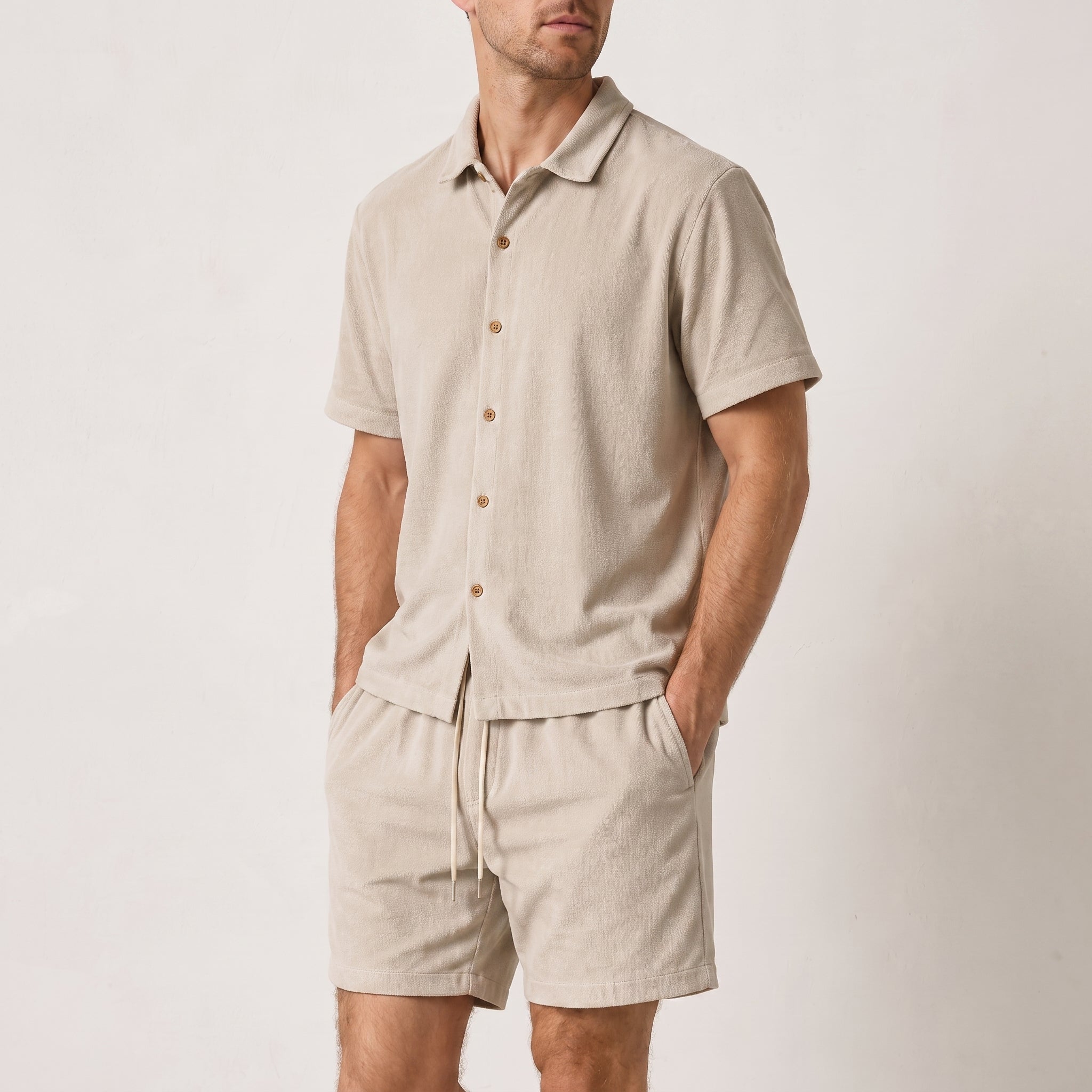Marcus - Men's Summer Ribbed Texture Point Collar Co-ord Set - Outfit Sets - Beige - Parker&Brooks