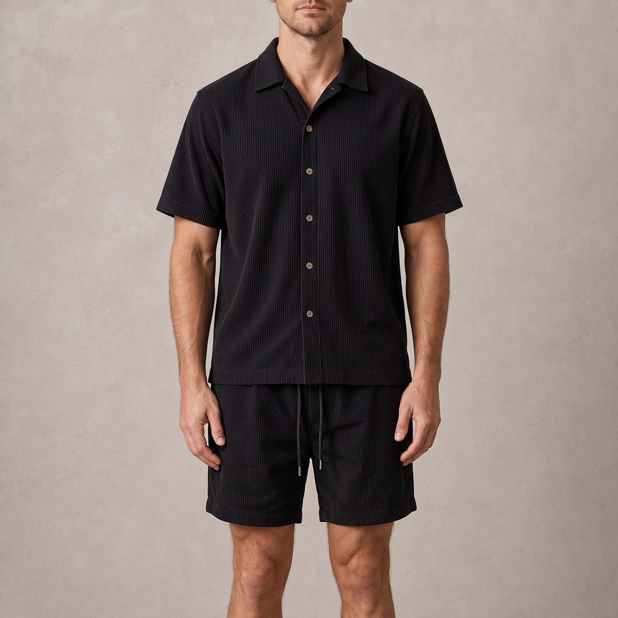 Marcus - Men's Summer Ribbed Texture Point Collar Co-ord Set - Outfit Sets - Black - Parker&Brooks