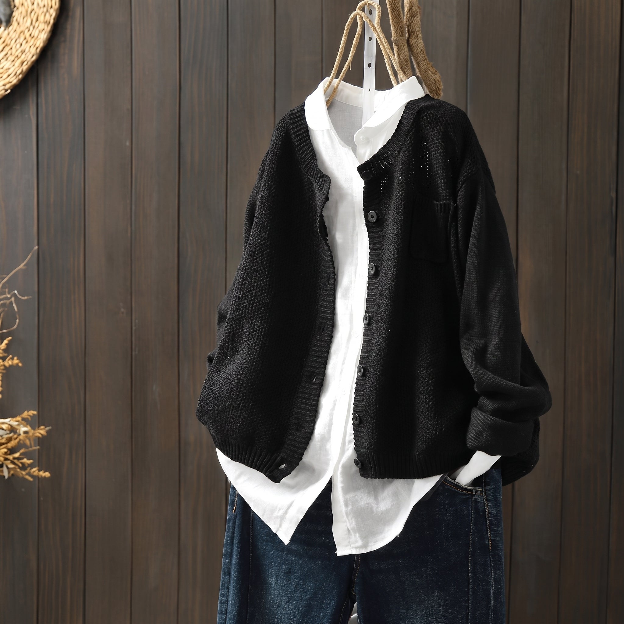 Margaret - Women's Oversized Button-Front Cardigan with Chest Pocket - Cardigans - Black - Parker&Brooks