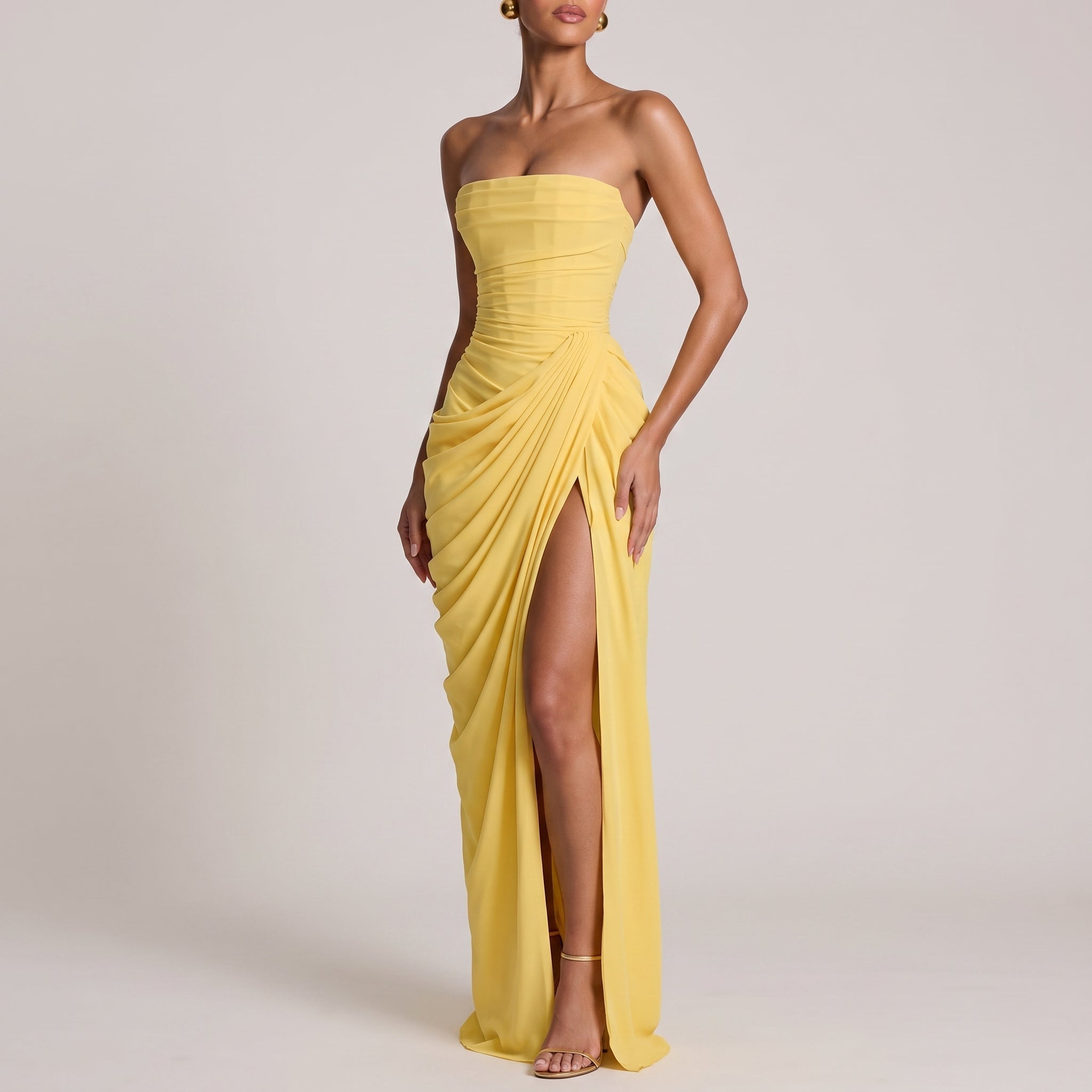 Margot - Women's Bridesmaid Strapless Ruched Maxi Dress - Maxi Dress - Yellow - Parker&Brooks