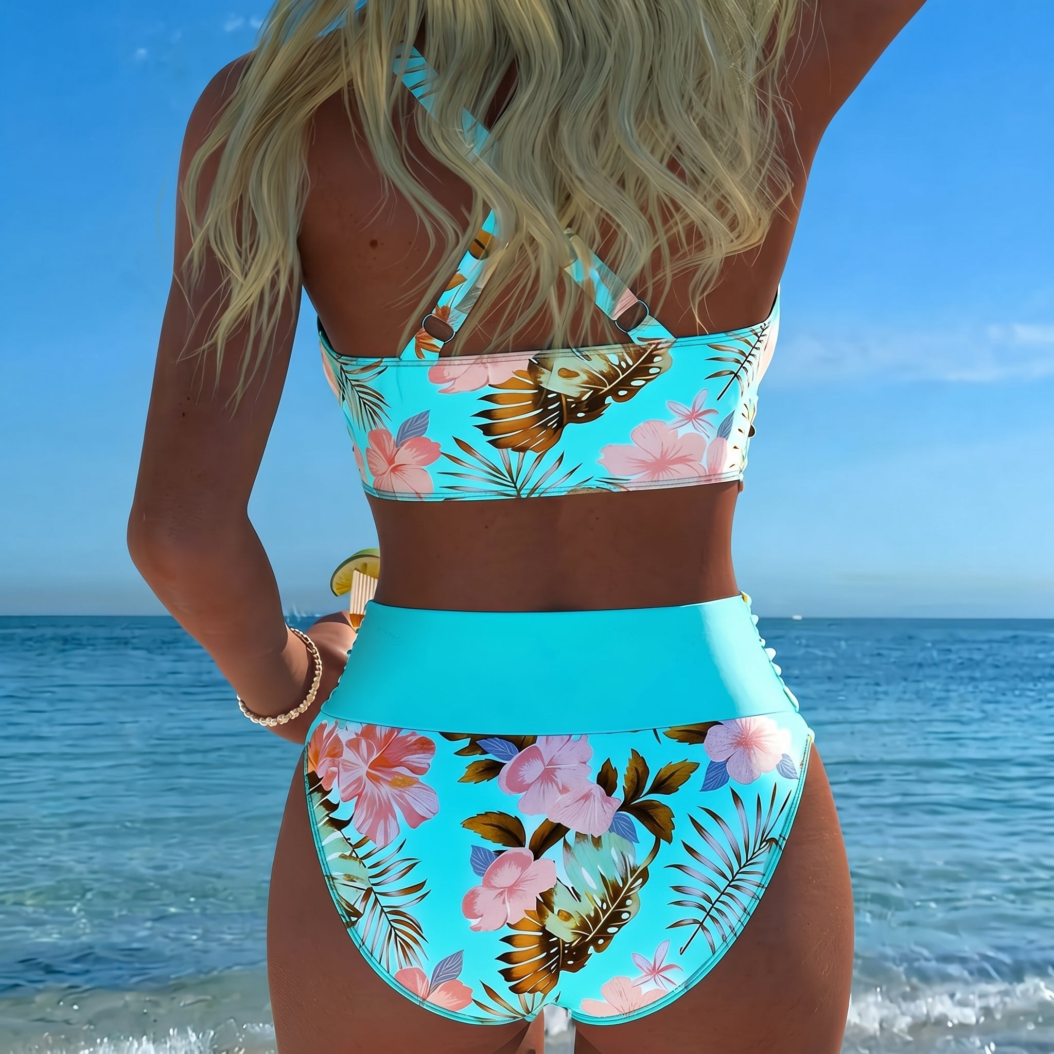 Maya - Women's High-Waisted Two-Piece Bikini Set - Split Bikini - Blue - Parker&Brooks