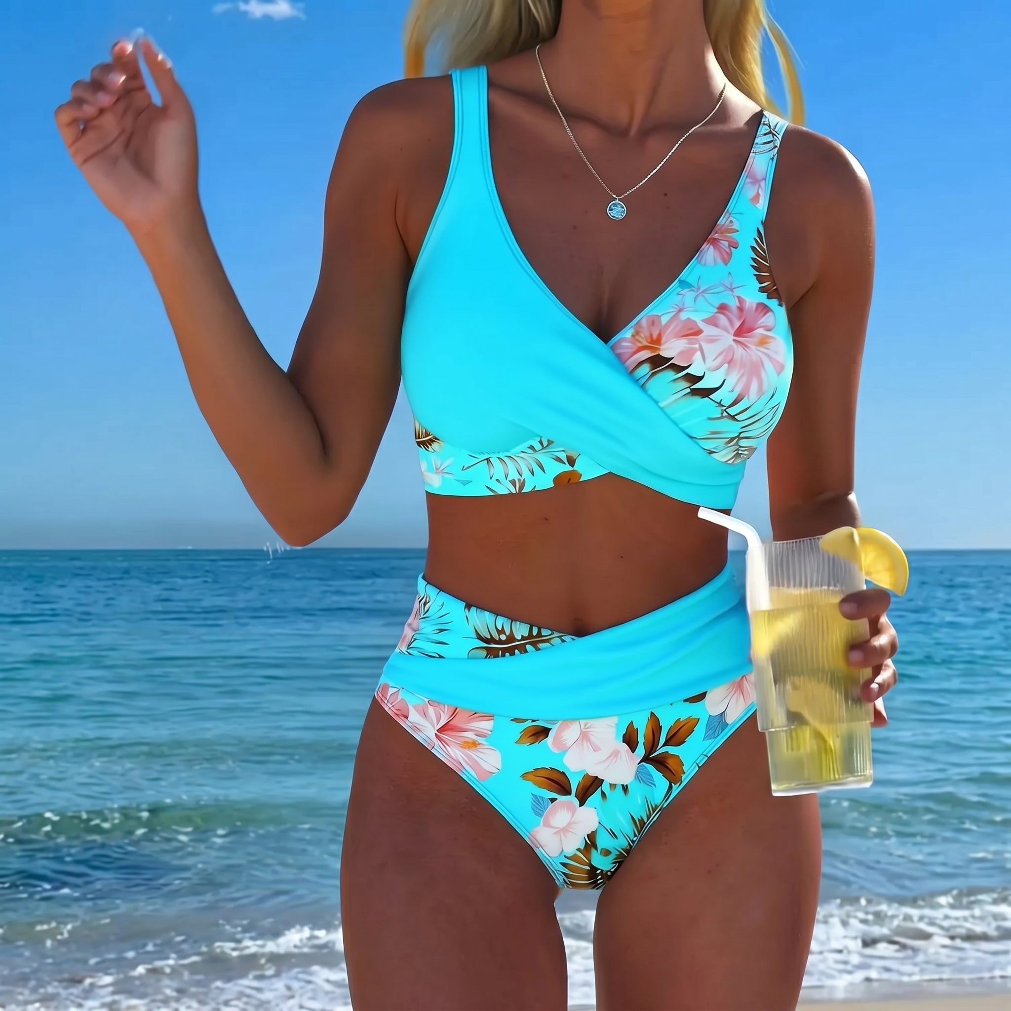 Maya - Women's High-Waisted Two-Piece Bikini Set - Split Bikini - Blue - Parker&Brooks