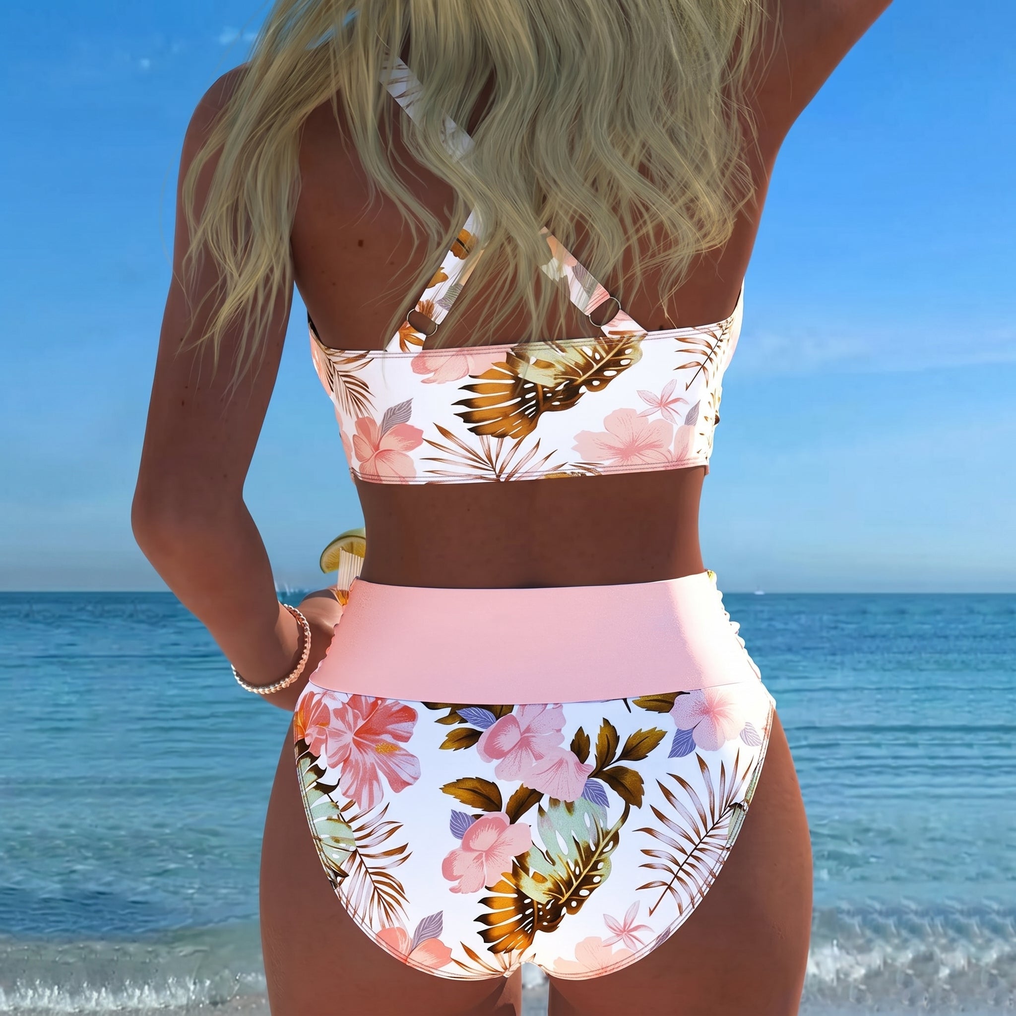 Maya - Women's High-Waisted Two-Piece Bikini Set - Split Bikini - Pink - Parker&Brooks