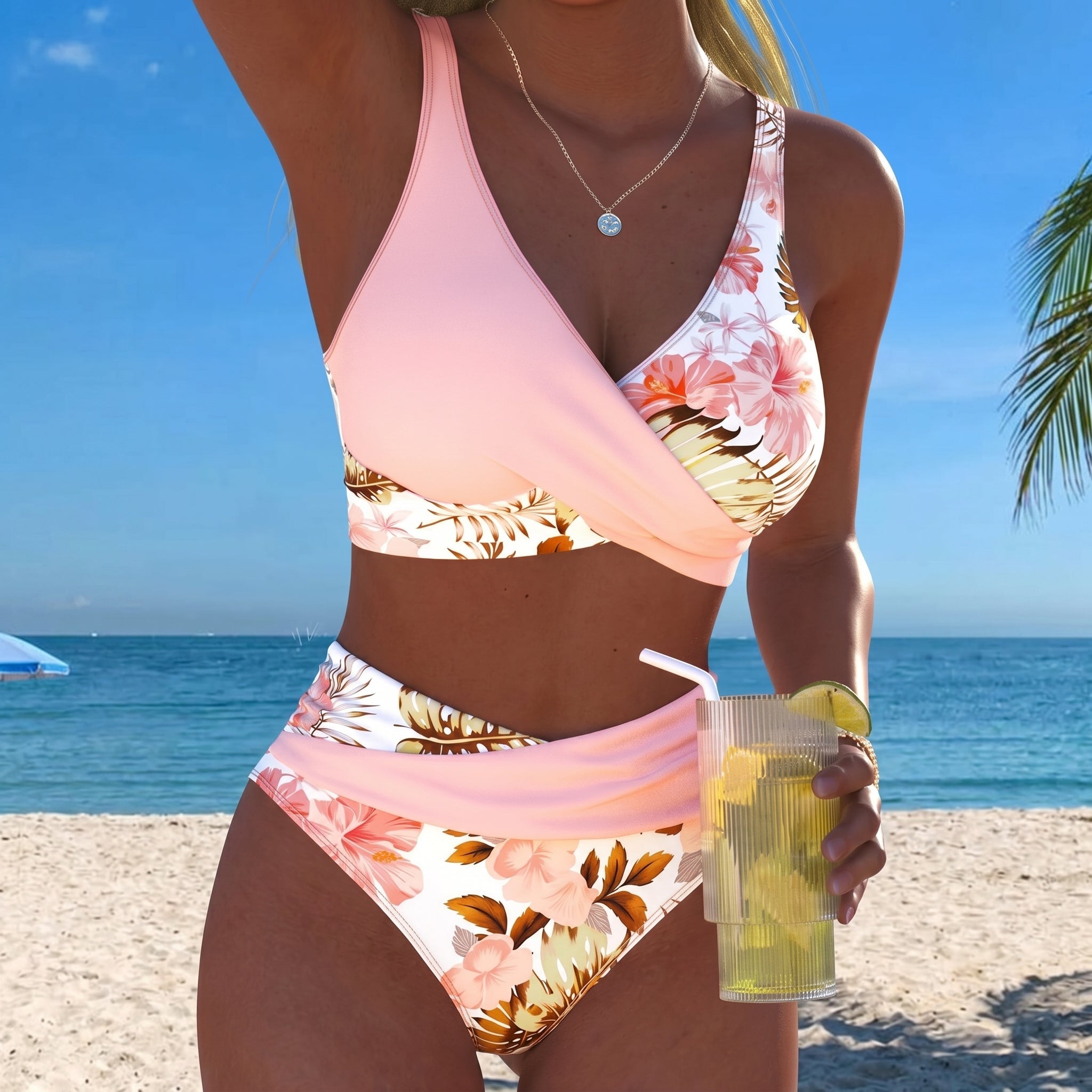 Maya - Women's High-Waisted Two-Piece Bikini Set - Split Bikini - Pink - Parker&Brooks
