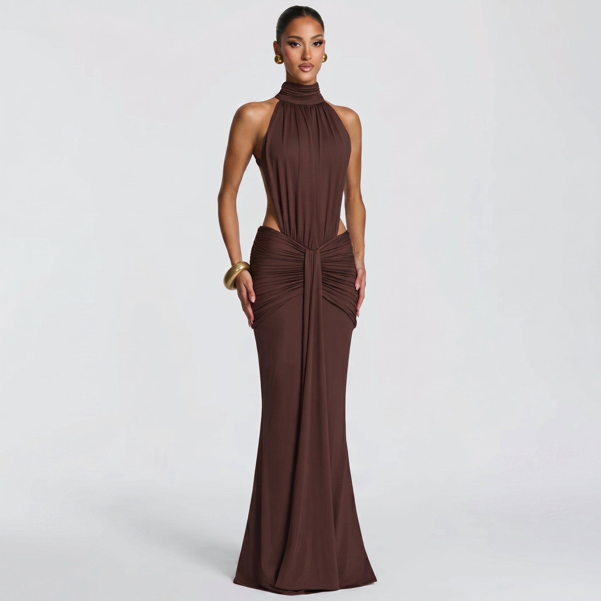 Naomi - Women's Evening Halterneck Bodycon Maxi Dress - Maxi Dress - Brown - Parker&Brooks