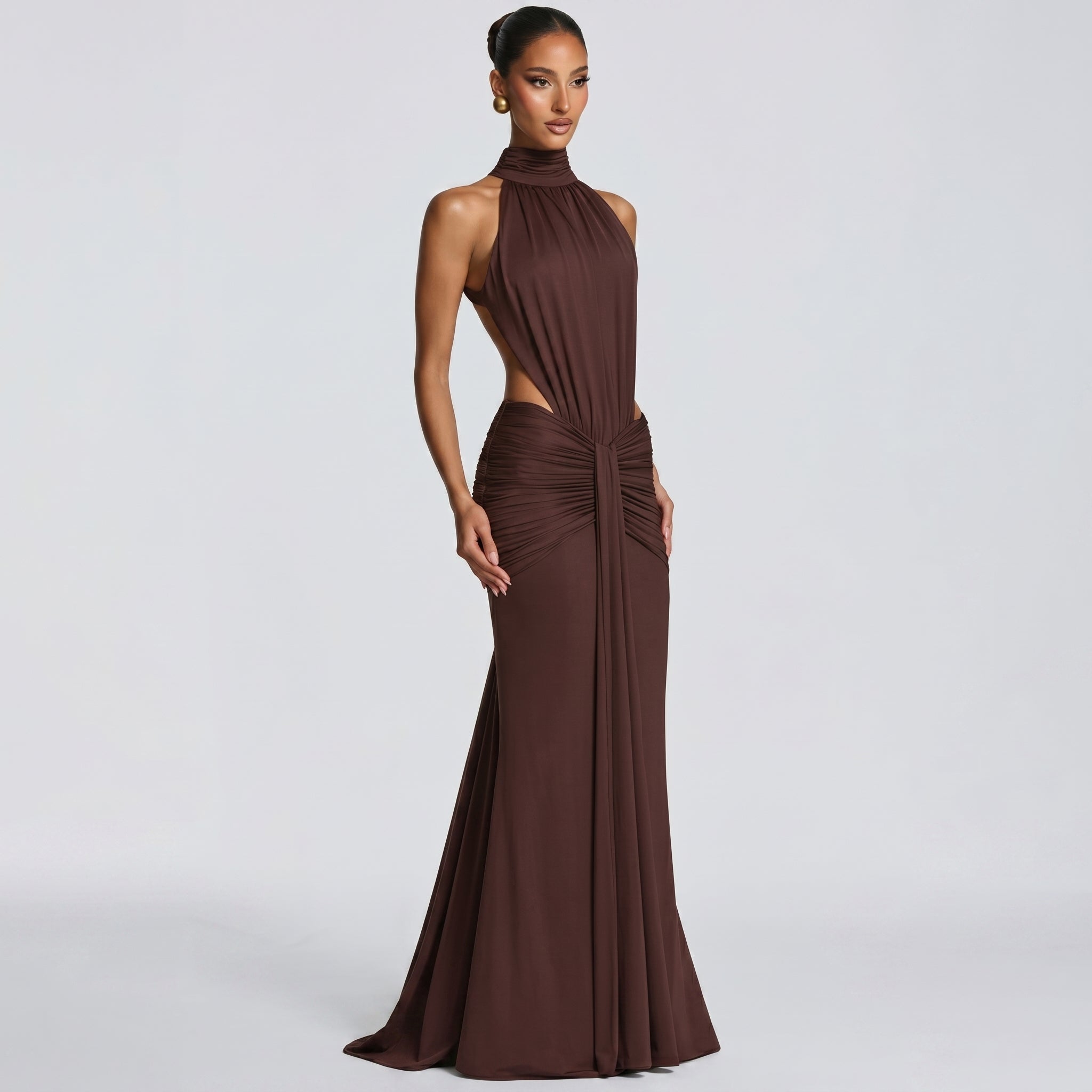 Naomi - Women's Evening Halterneck Bodycon Maxi Dress - Maxi Dress - Brown - Parker&Brooks