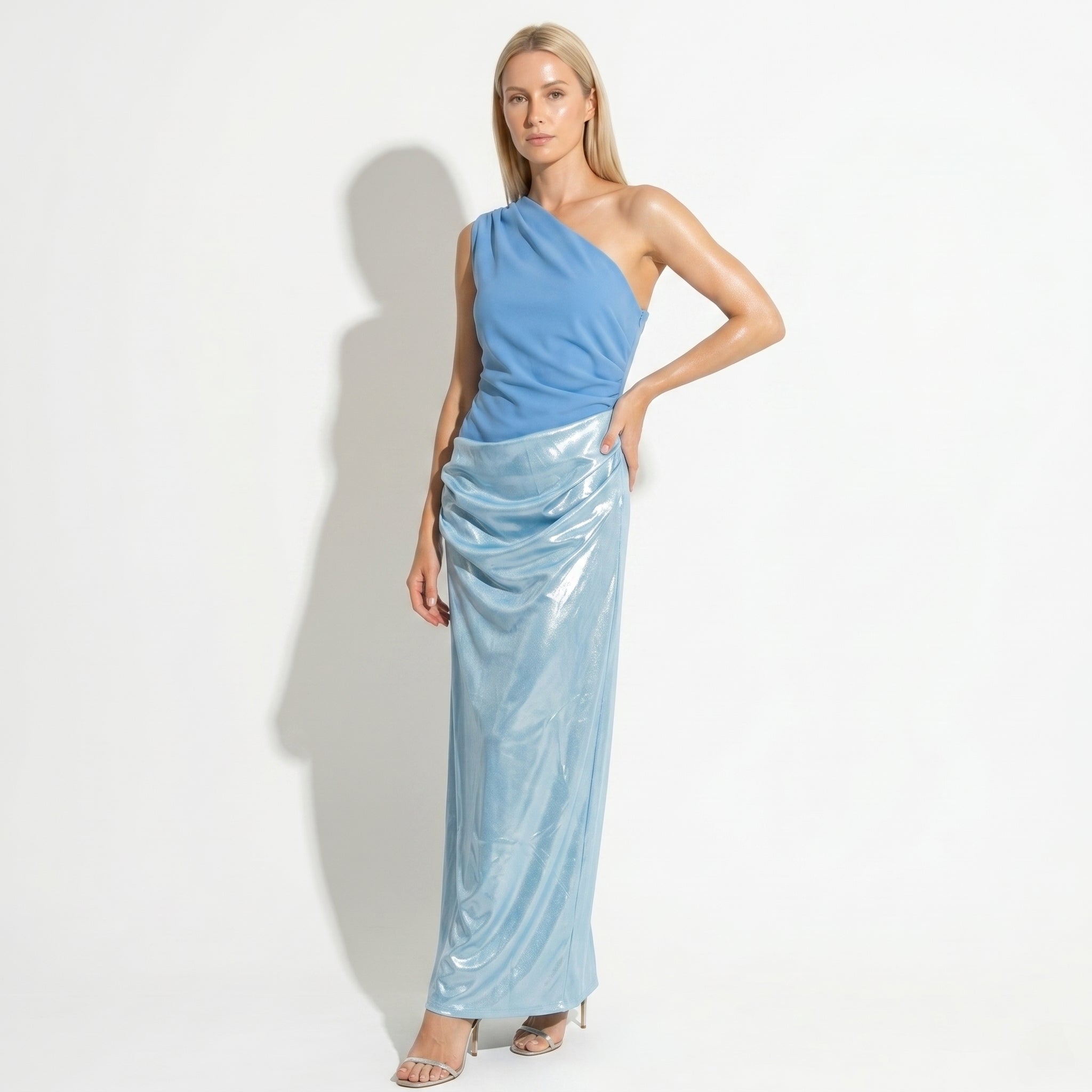 Naomi - Women's One Shoulder Ruched Maxi Dress - Maxi Dresses - Blue - Parker&Brooks