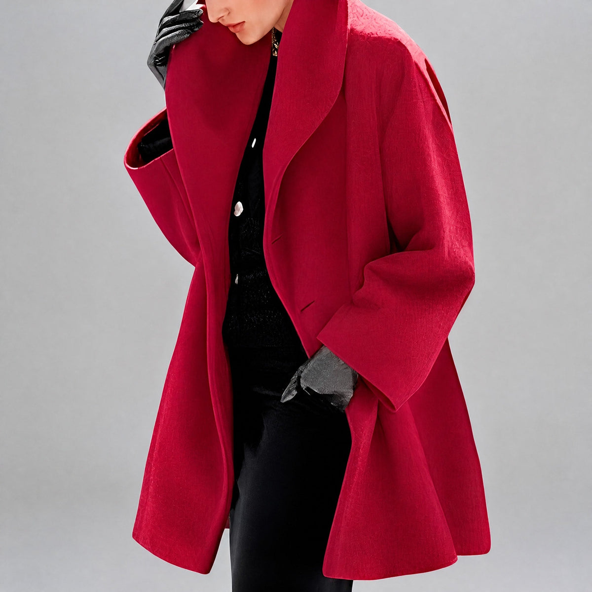Natalia - Women's Oversized Shawl Collar Longline Coat with Wide Sleeves - Overcoats - Red - Parker&Brooks