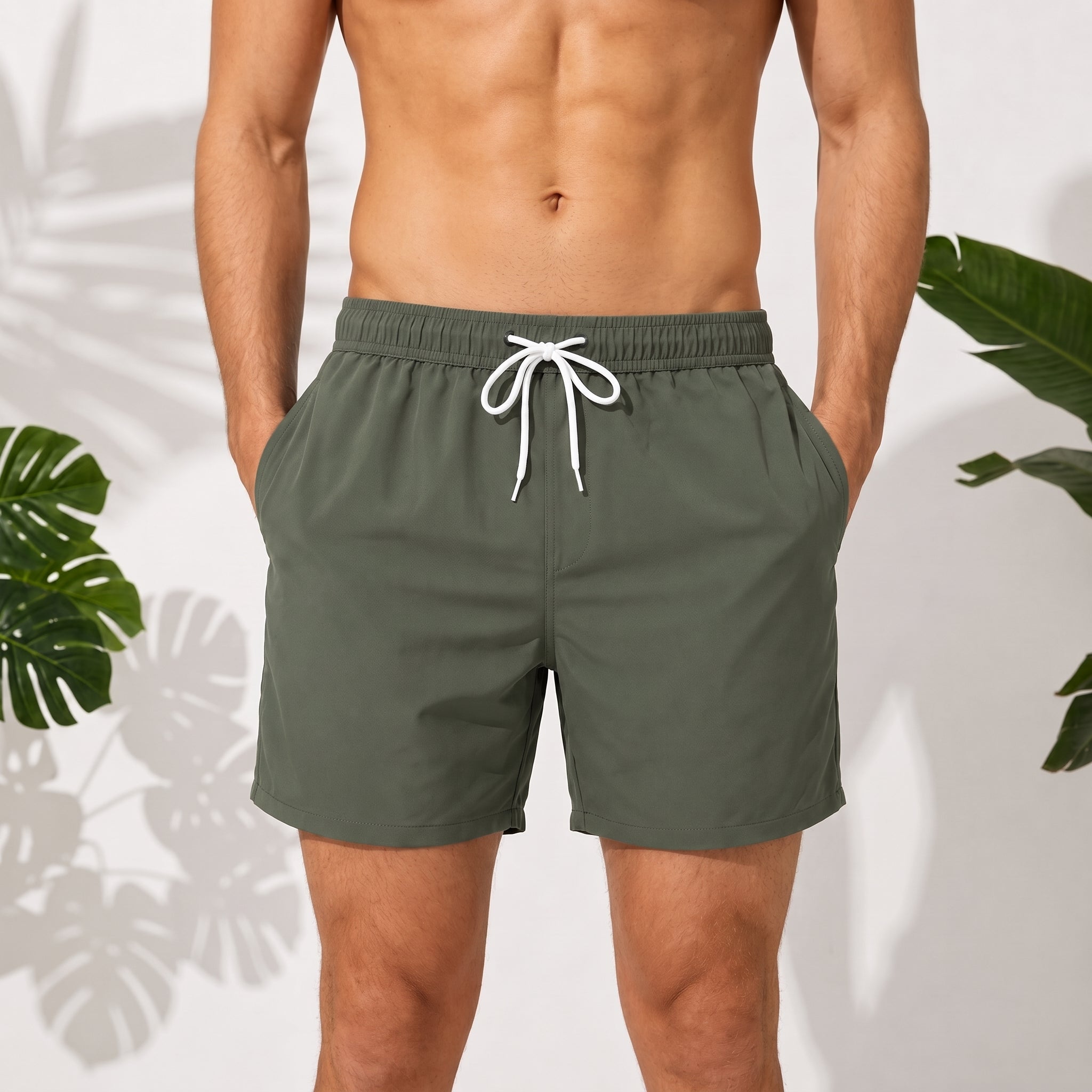 Nathan - Men's Summer Contrast Drawstring Swim Shorts - Swim Shorts - Olive Green - Parker&Brooks