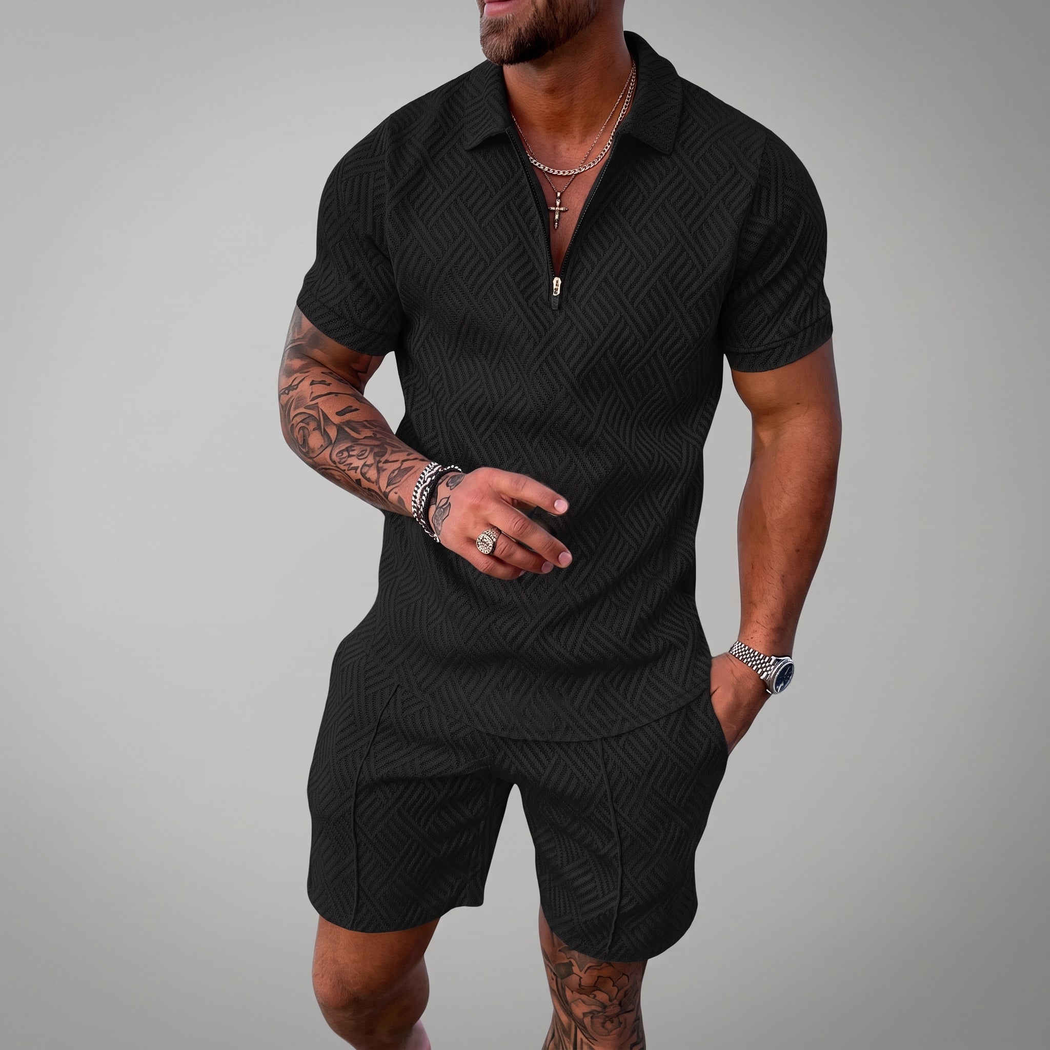 Nathan - Men's Summer Geometric Polo Short Sleeve Co-ord Set - Outfit Sets - Black - Parker&Brooks