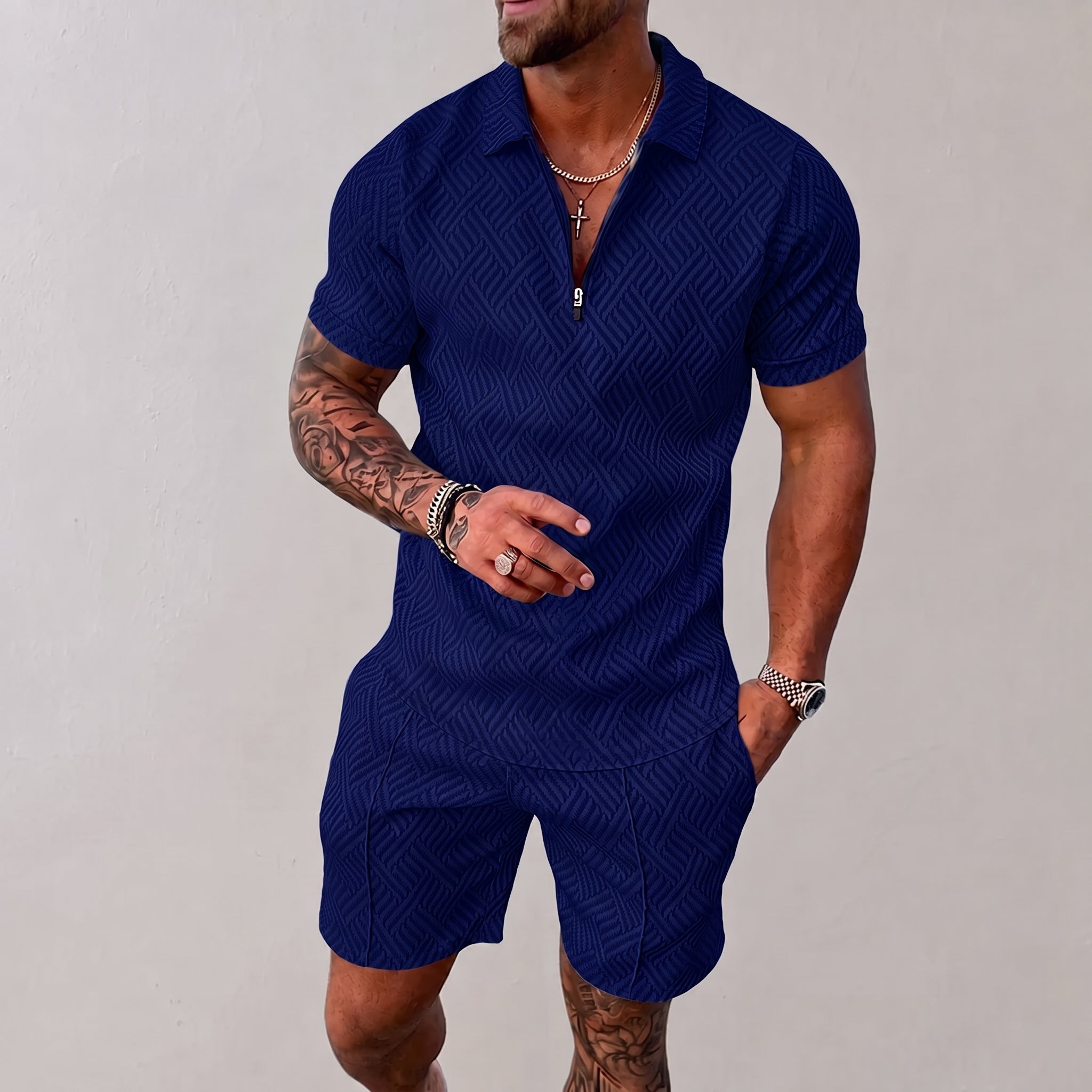 Nathan - Men's Summer Geometric Polo Short Sleeve Co-ord Set - Outfit Sets - Navy Blue - Parker&Brooks
