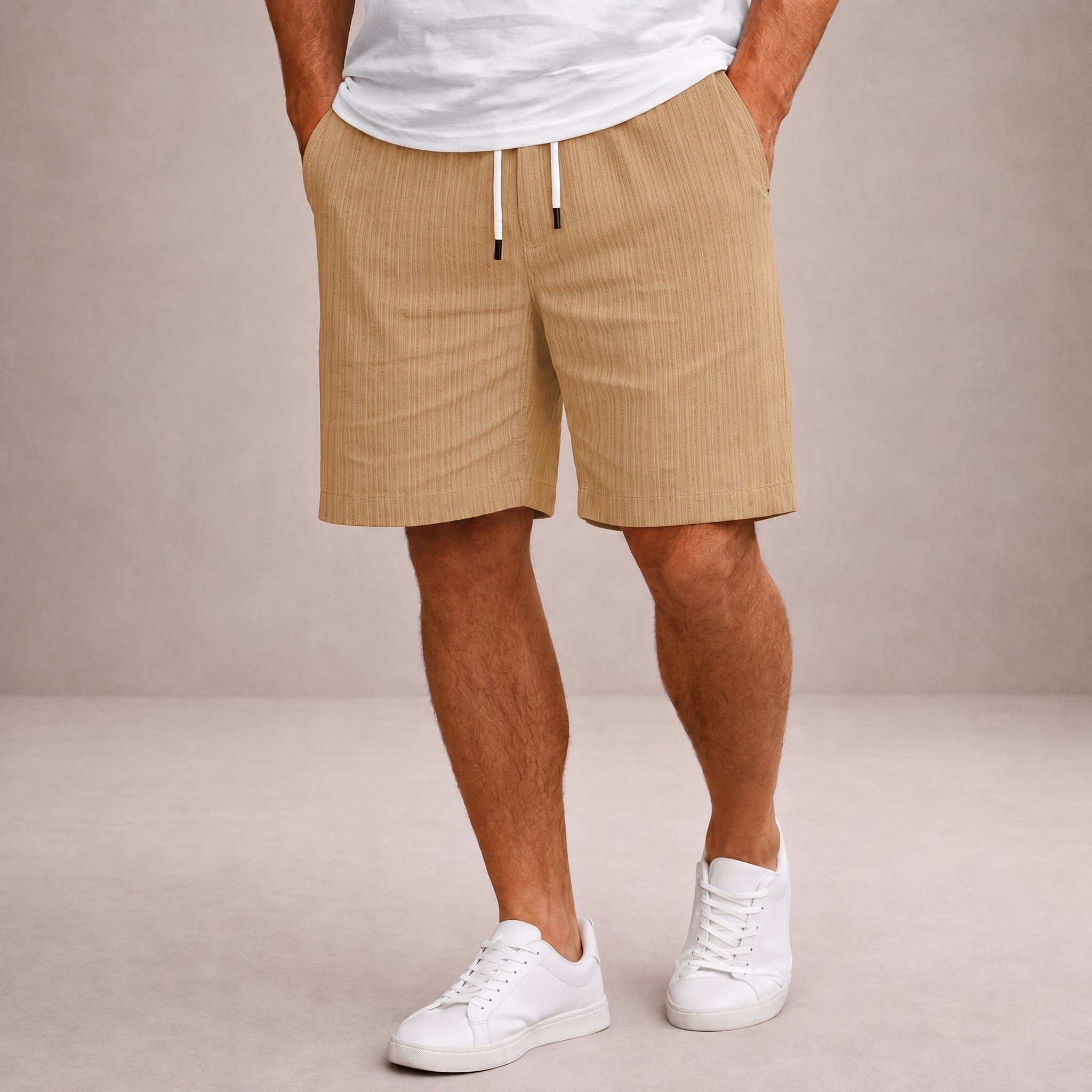 Nathan - Men's Summer Striped Drawstring Shorts - Jogger Shorts - Khaki - Parker&Brooks