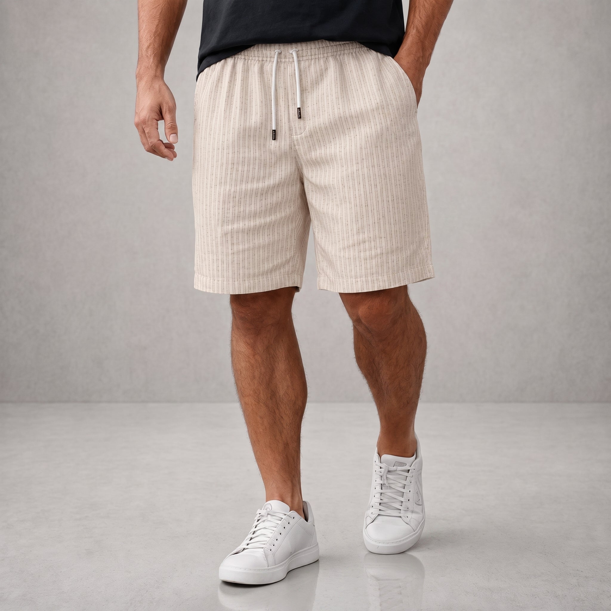 Nathan - Men's Summer Striped Drawstring Shorts - Jogger Shorts - Beige - Parker&Brooks