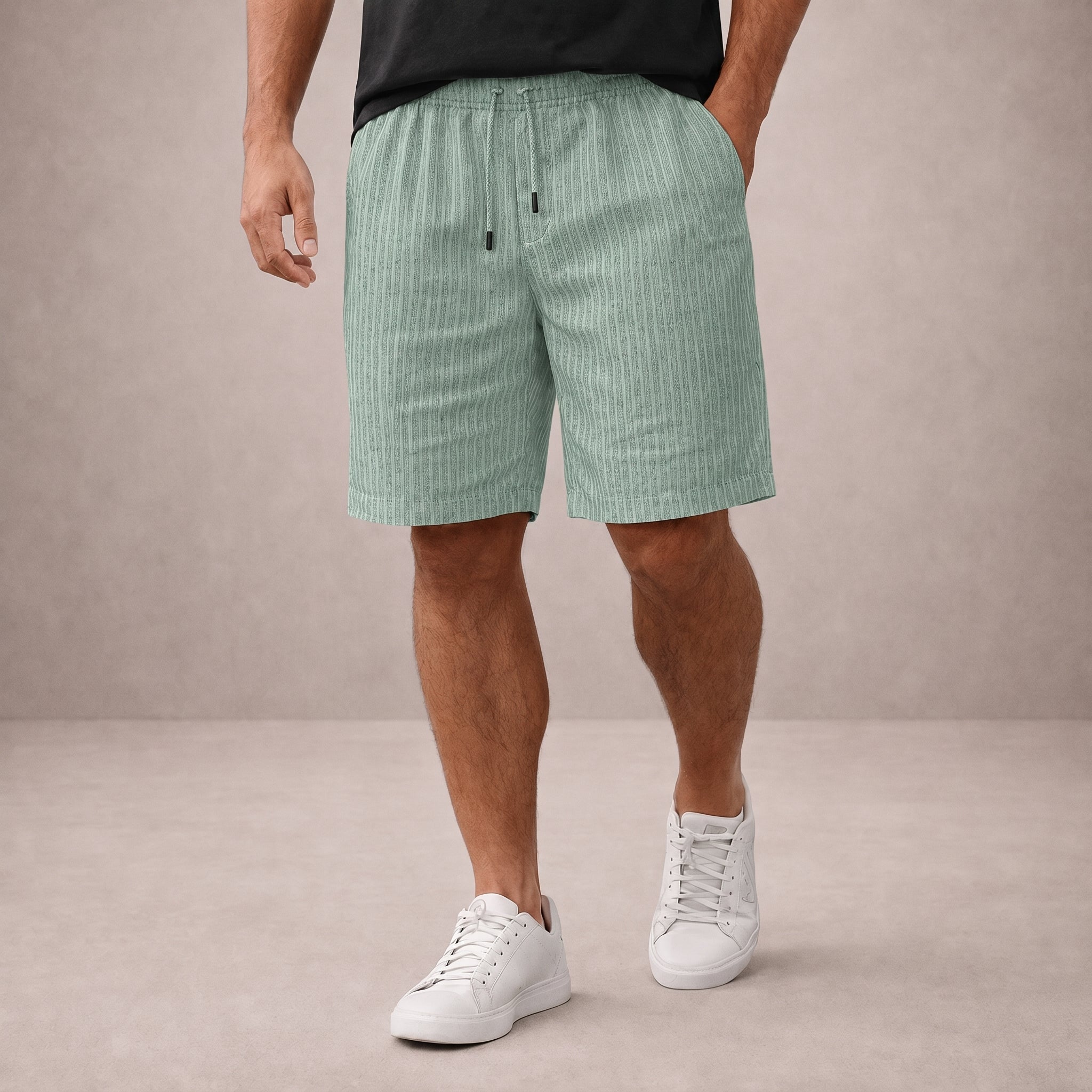 Nathan - Men's Summer Striped Drawstring Shorts - Jogger Shorts - Light Green - Parker&Brooks