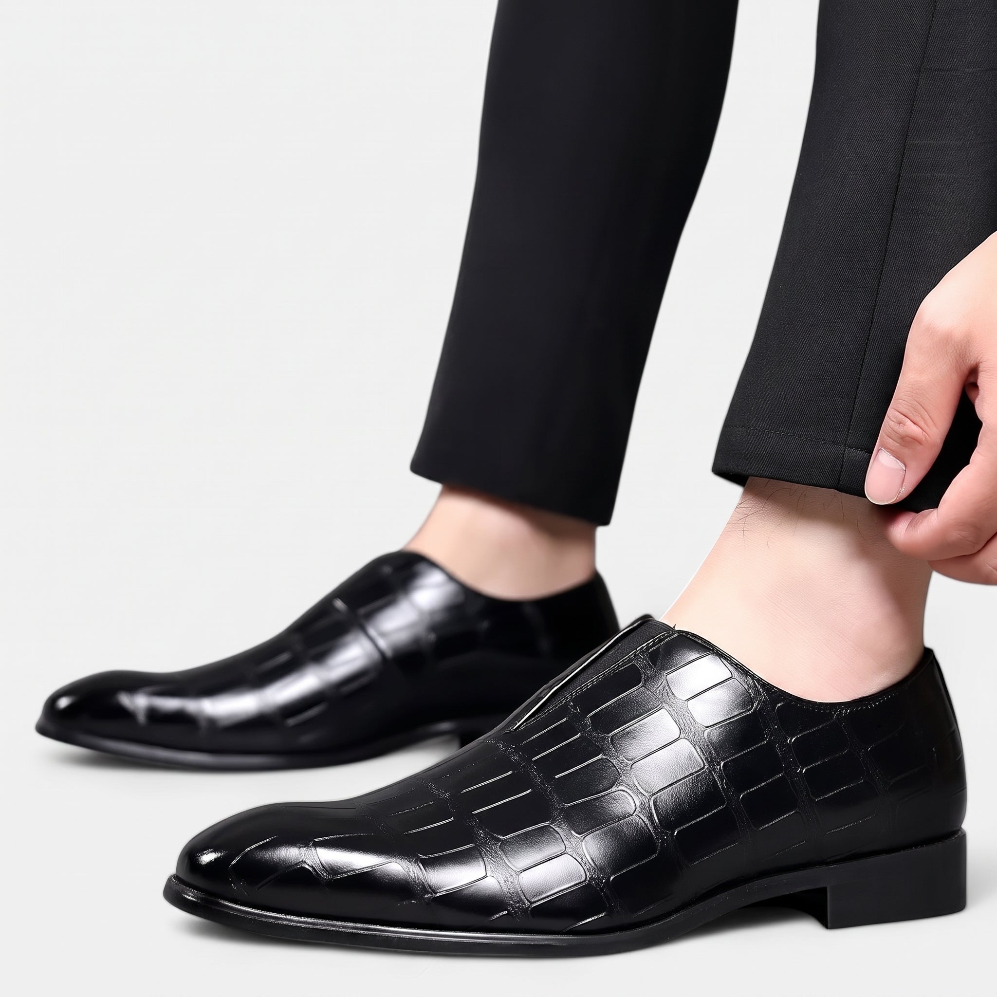 Oliver - Men's Croc Embossed Pointed Toe Wedding Shoes - Flats - Black - Parker&Brooks
