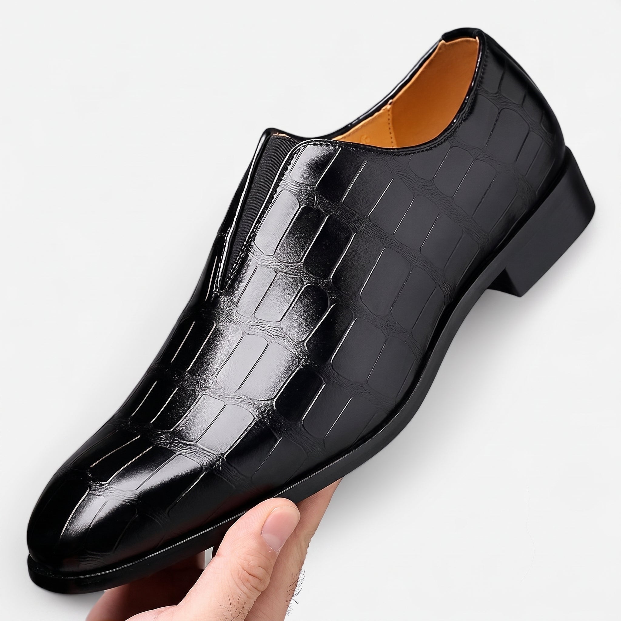 Oliver - Men's Croc Embossed Pointed Toe Wedding Shoes - Flats - Black - Parker&Brooks