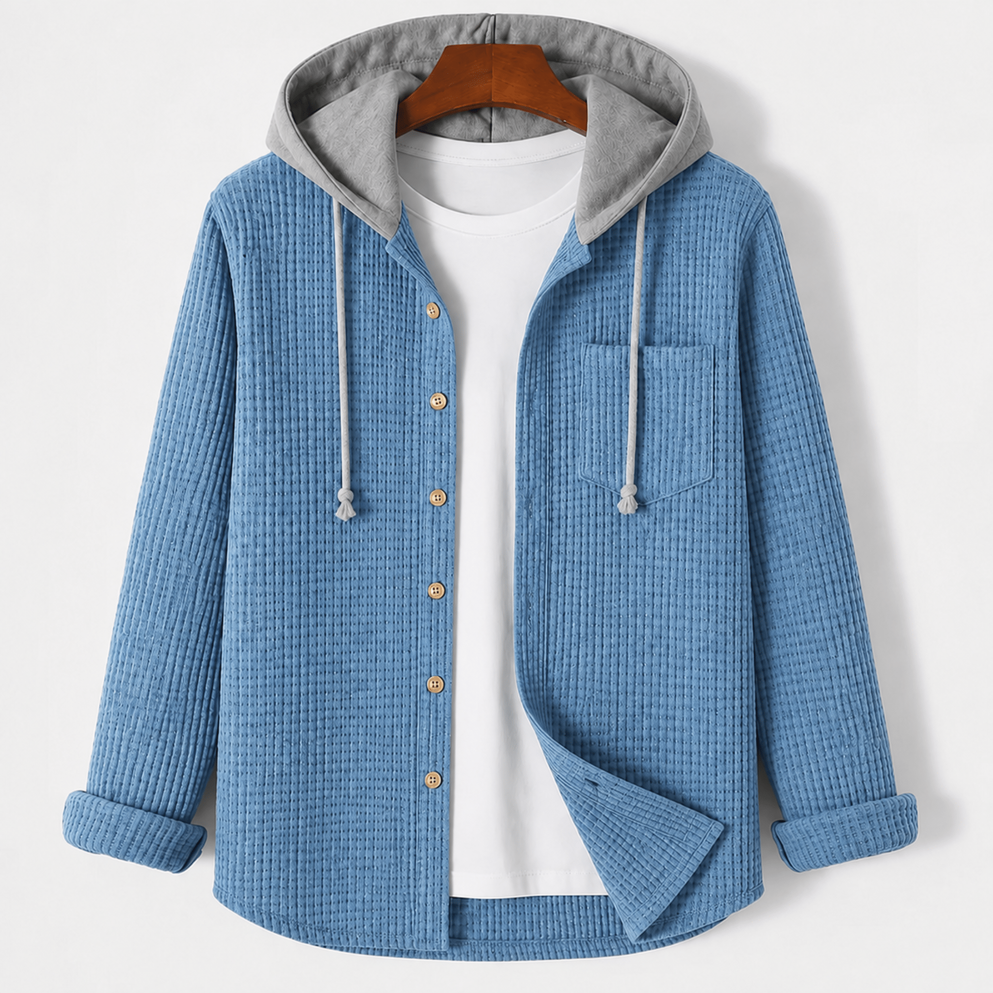 Oliver - Men's Ribbed Hooded Jacket with Button-Up Front - Hoodies - Blue - Parker&Brooks