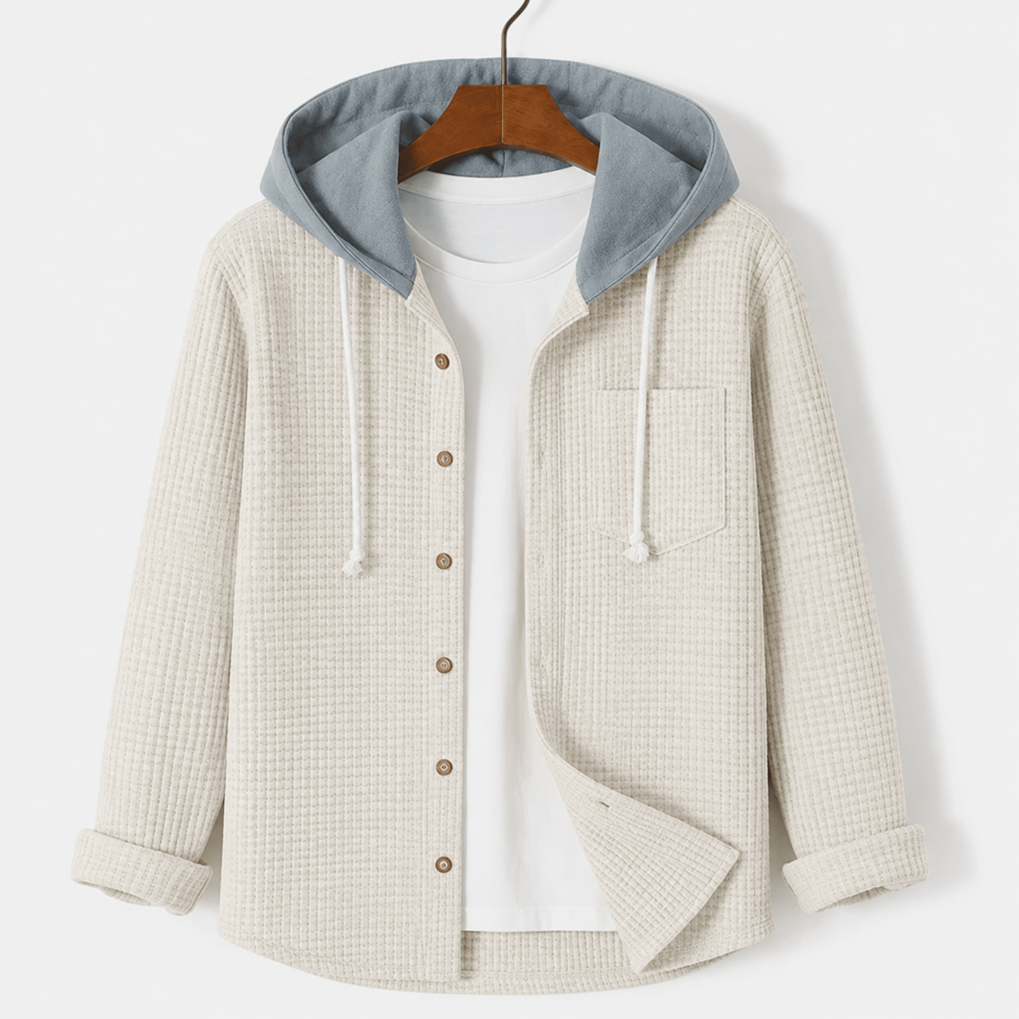 Oliver - Men's Ribbed Hooded Jacket with Button-Up Front - Hoodies - Beige - Parker&Brooks