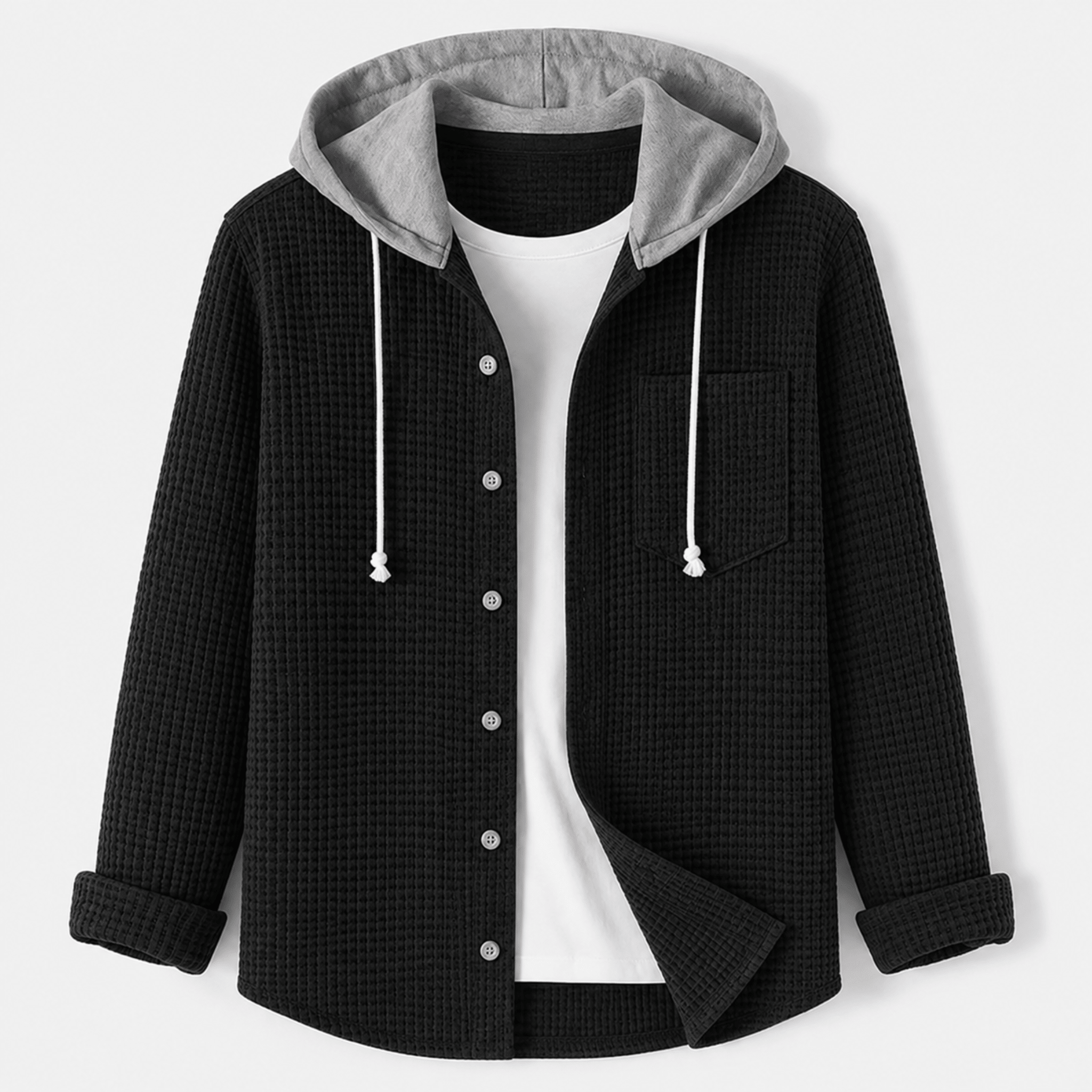 Oliver - Men's Ribbed Hooded Jacket with Button-Up Front - Hoodies - Black - Parker&Brooks