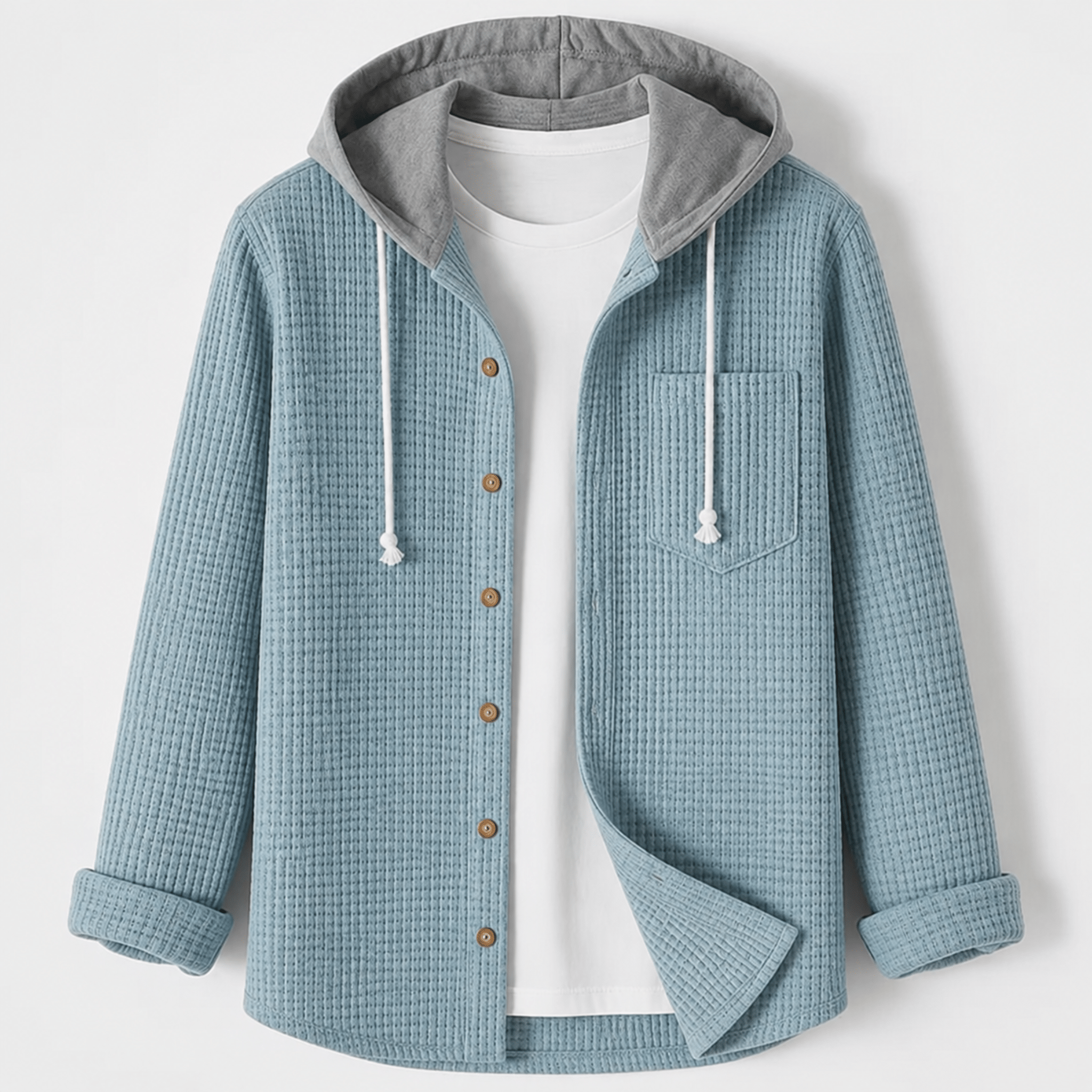 Oliver - Men's Ribbed Hooded Jacket with Button-Up Front - Hoodies - Light Blue - Parker&Brooks