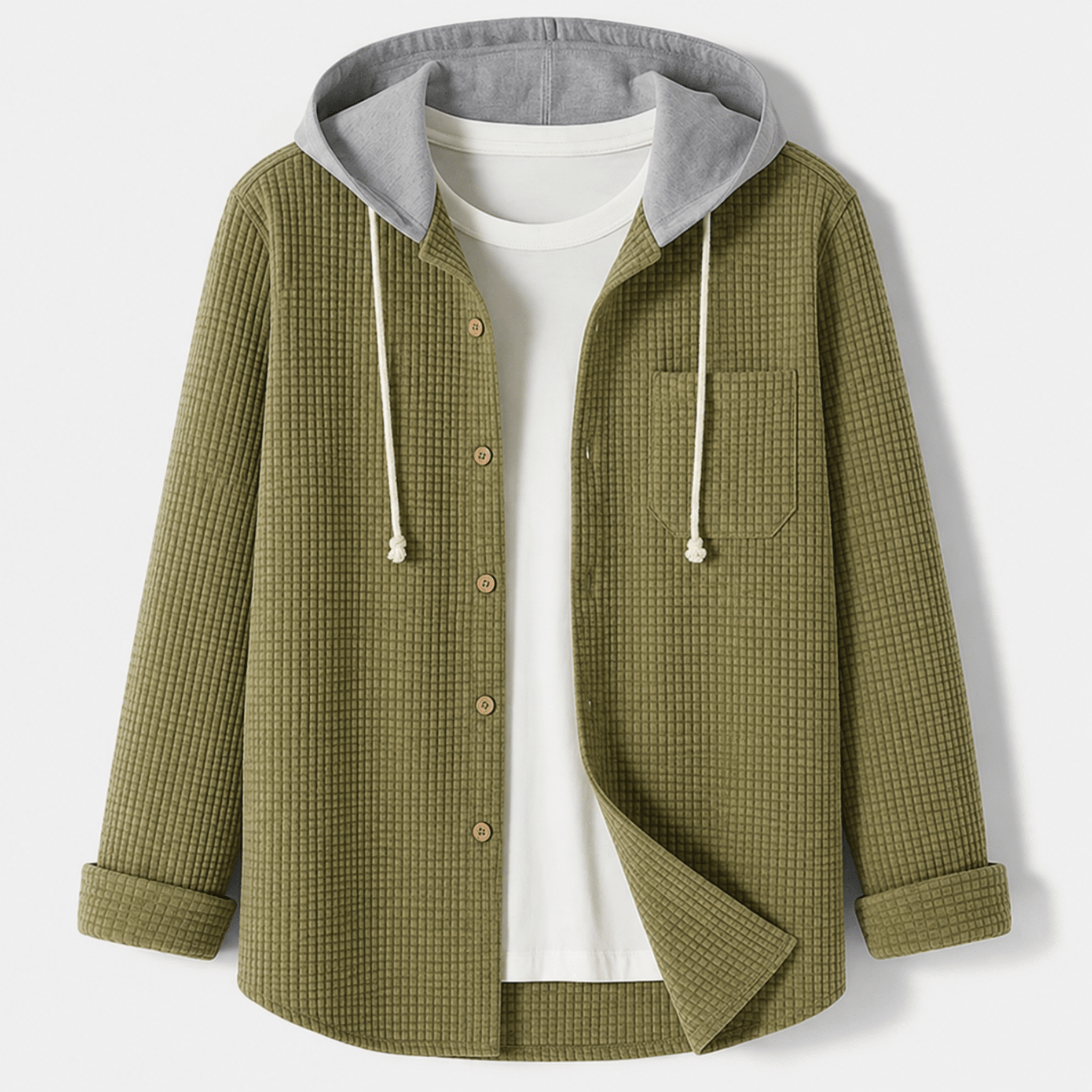 Oliver - Men's Ribbed Hooded Jacket with Button-Up Front - Hoodies - Olive Green - Parker&Brooks