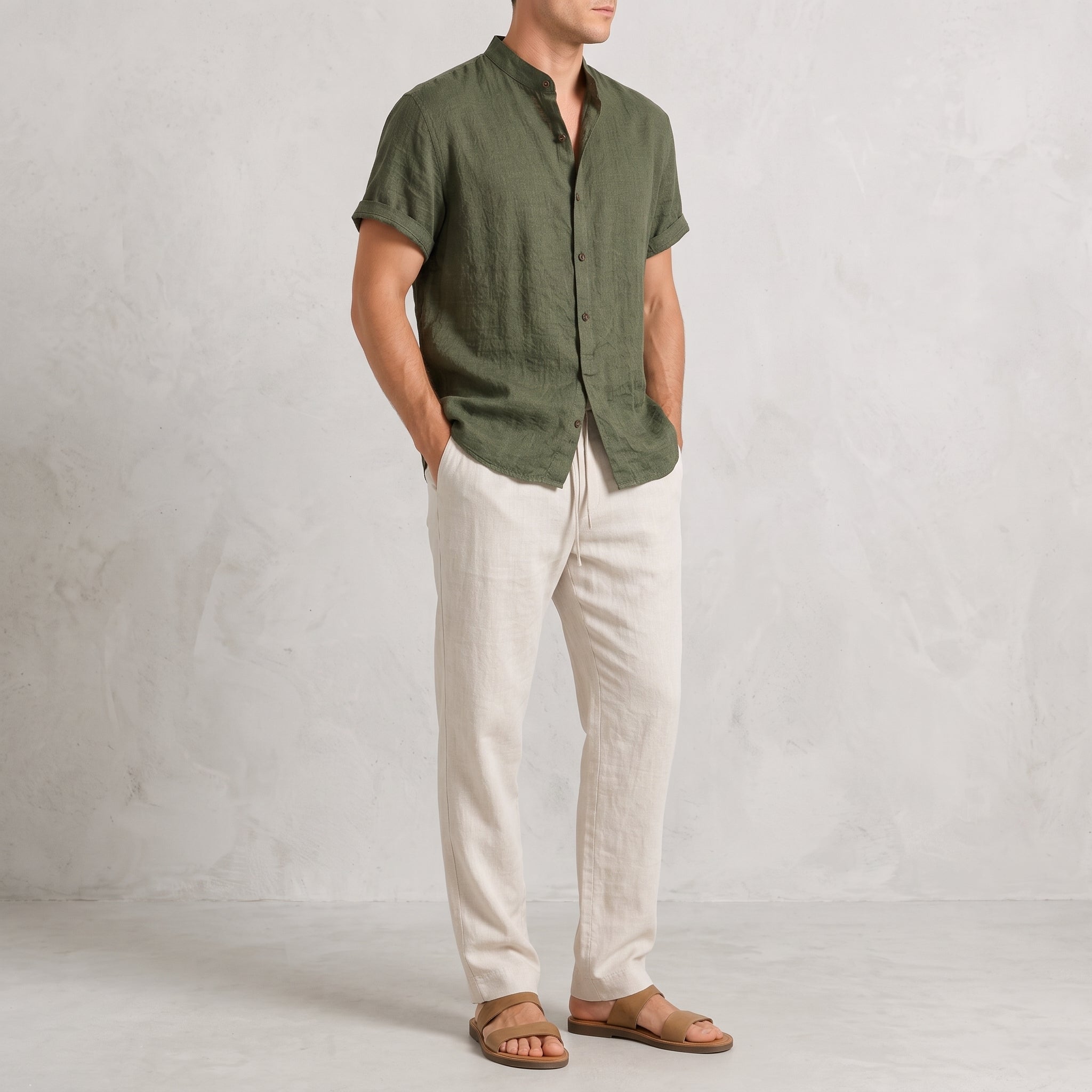 Oliver - Men's Summer Mandarin Collar Button Placket Co-ord Set - Outfit Sets - Dark Green - Parker&Brooks